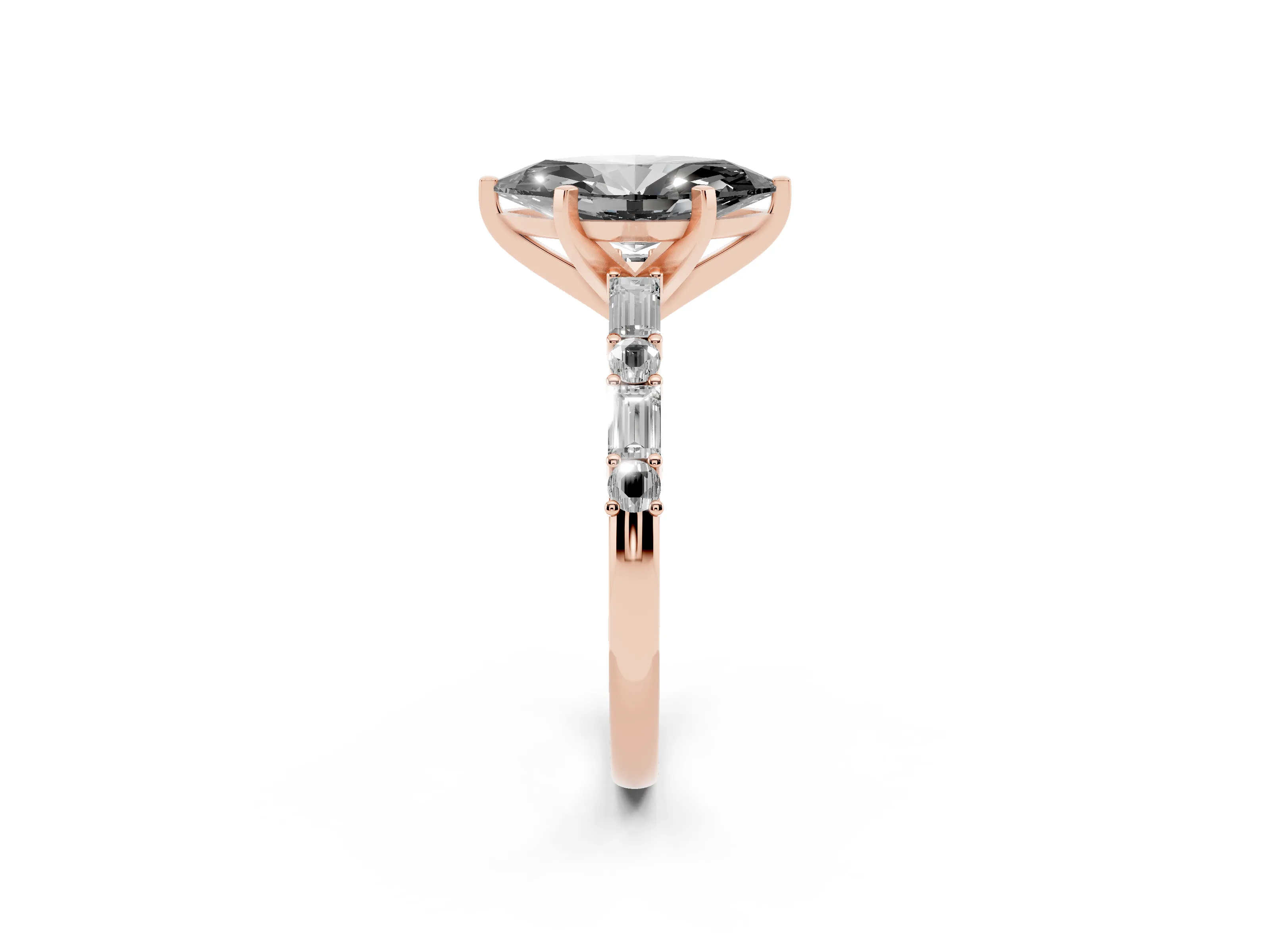 Fancy Black Marquise Cut Diamond Solitaire Set in Rose gold with Side Baguettes and Channel Set Band