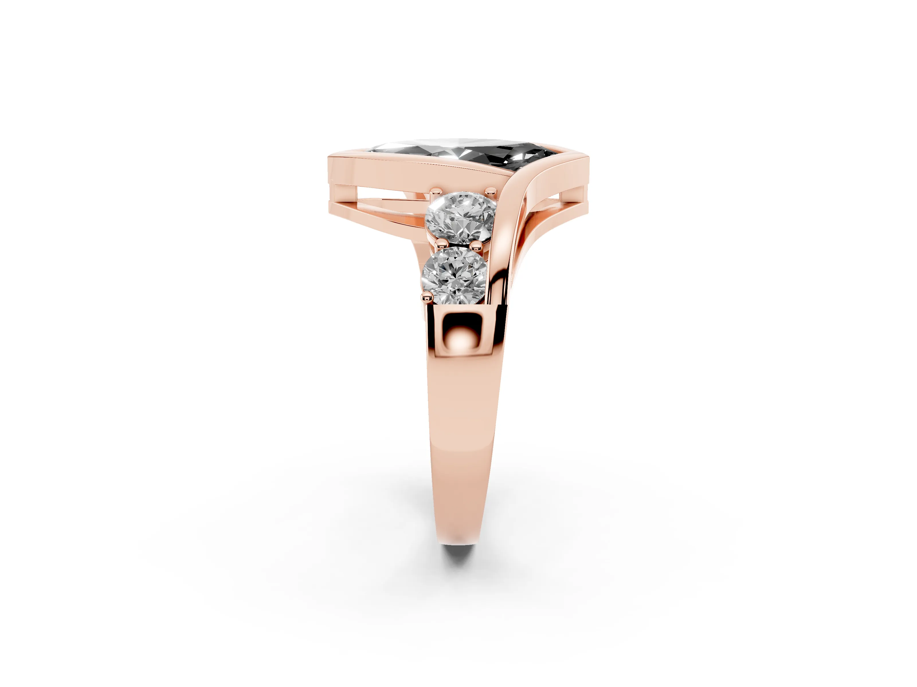 Fancy Black Marquise Cut Diamond Bezel Bypass Ring Set in Rose gold with Round Accents