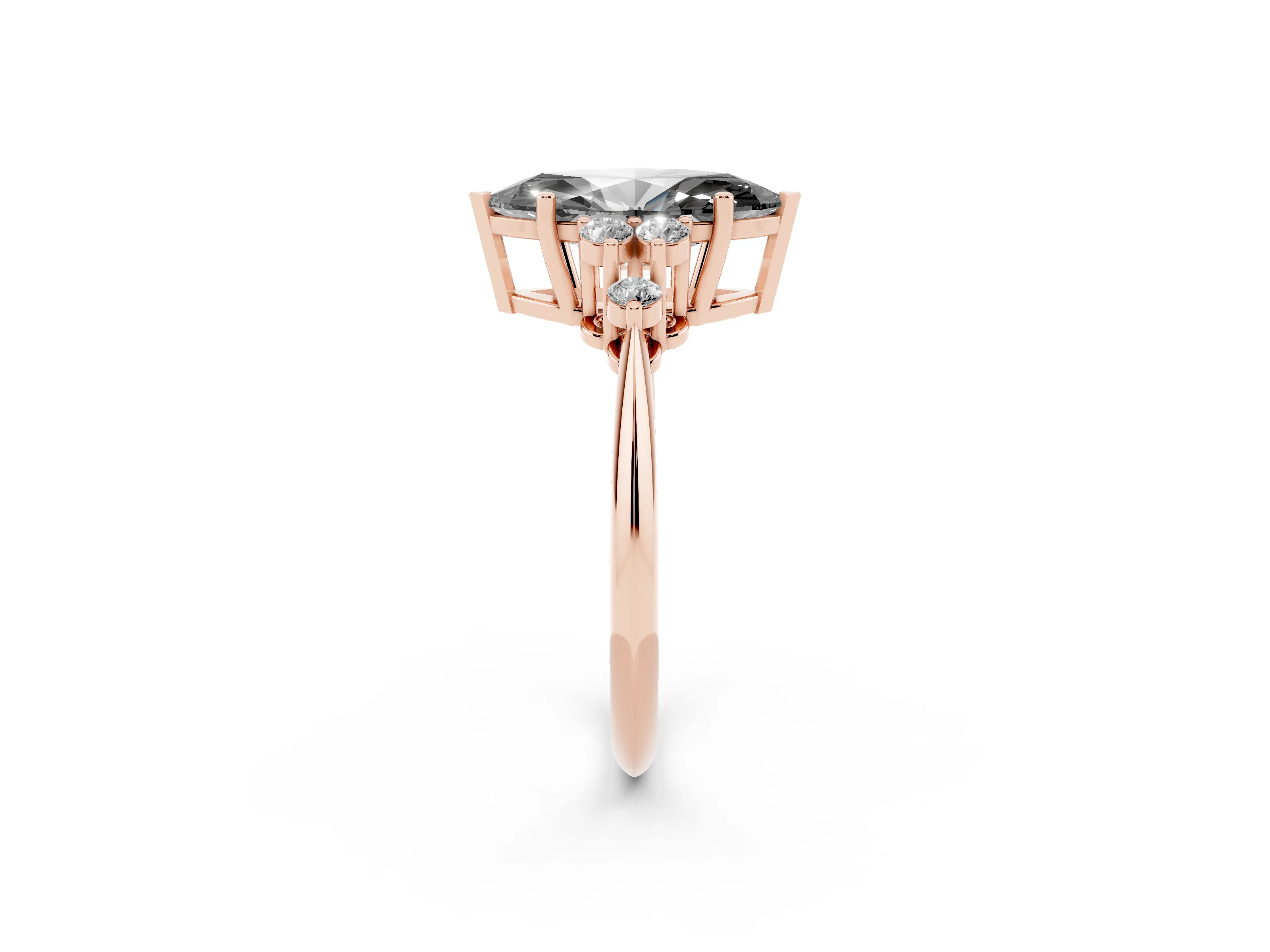 Fancy Black Marquise Cut Diamond Cluster Ring Set in Rose gold with Plain Band and Prong Setting