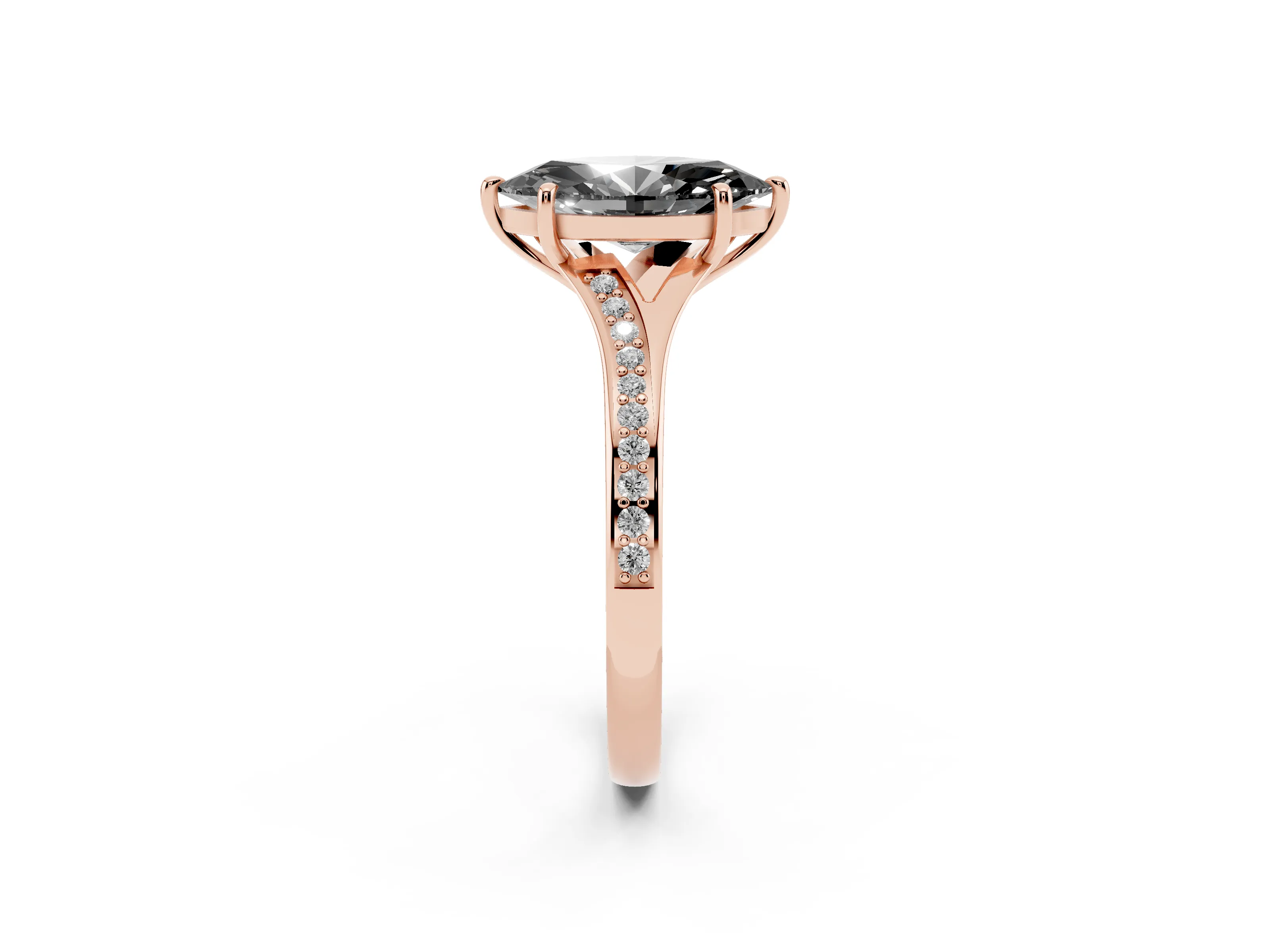 Fancy Black Marquise Cut Diamond Solitaire Ring Set in Rose gold with Pavé Accent Band and Classic Prong Setting