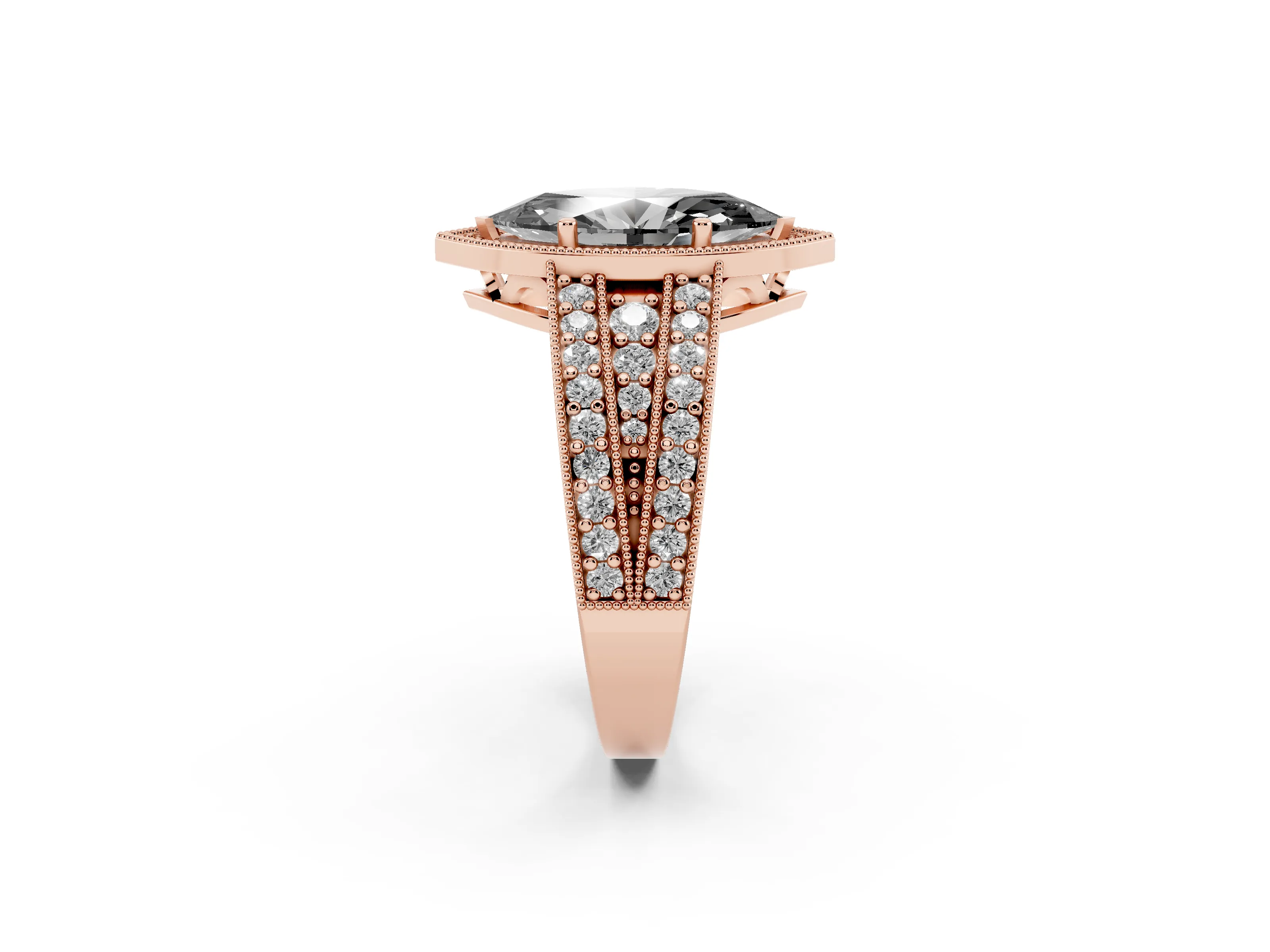 Fancy Black Marquise Cut Diamond Halo Ring Set in Rose gold with Accent Split Shank and Prong Setting