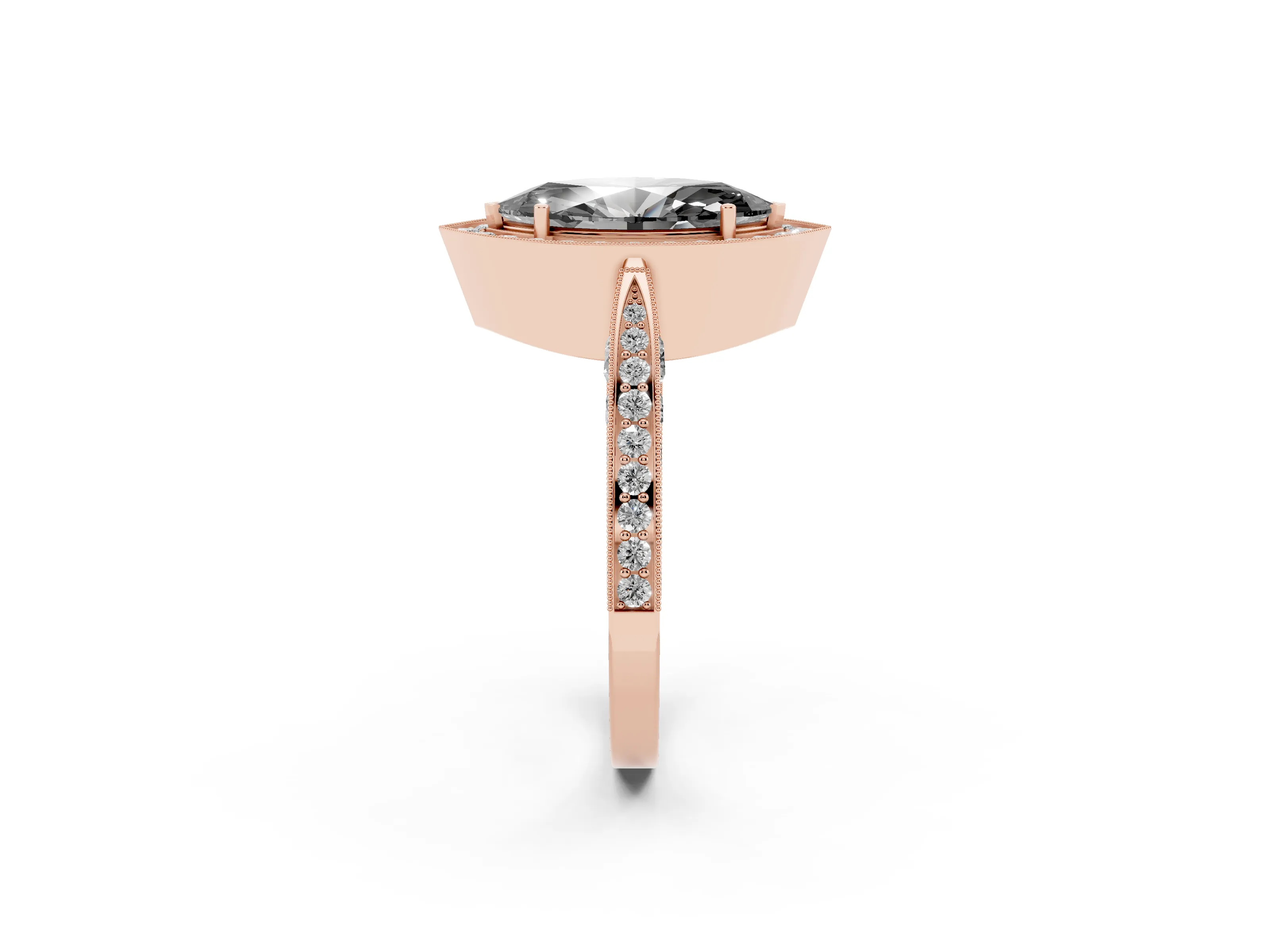 Fancy Black Marquise Cut Diamond Halo Engagement Ring Set in Rose gold with Accent Split Shank Band