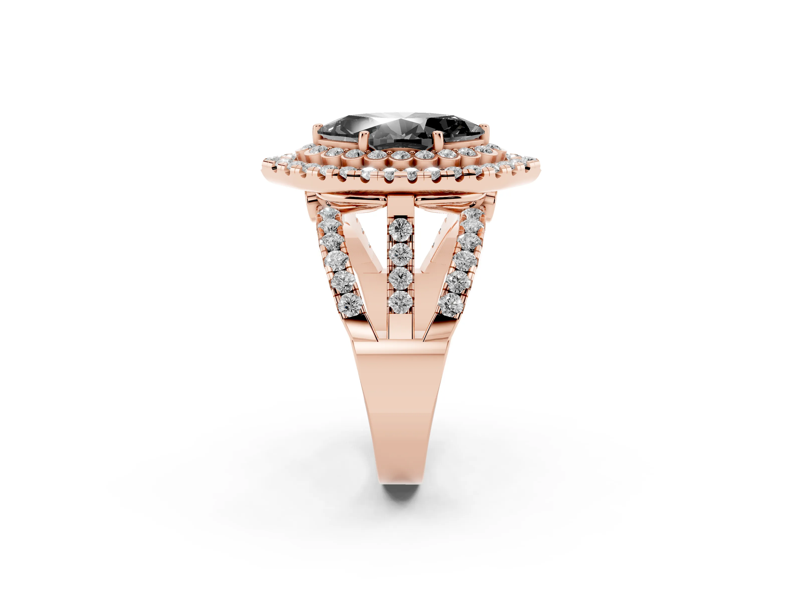 Fancy Black Marquise Cut Diamond Double Halo Ring Set in Rose gold with Round Pavé Split Shank