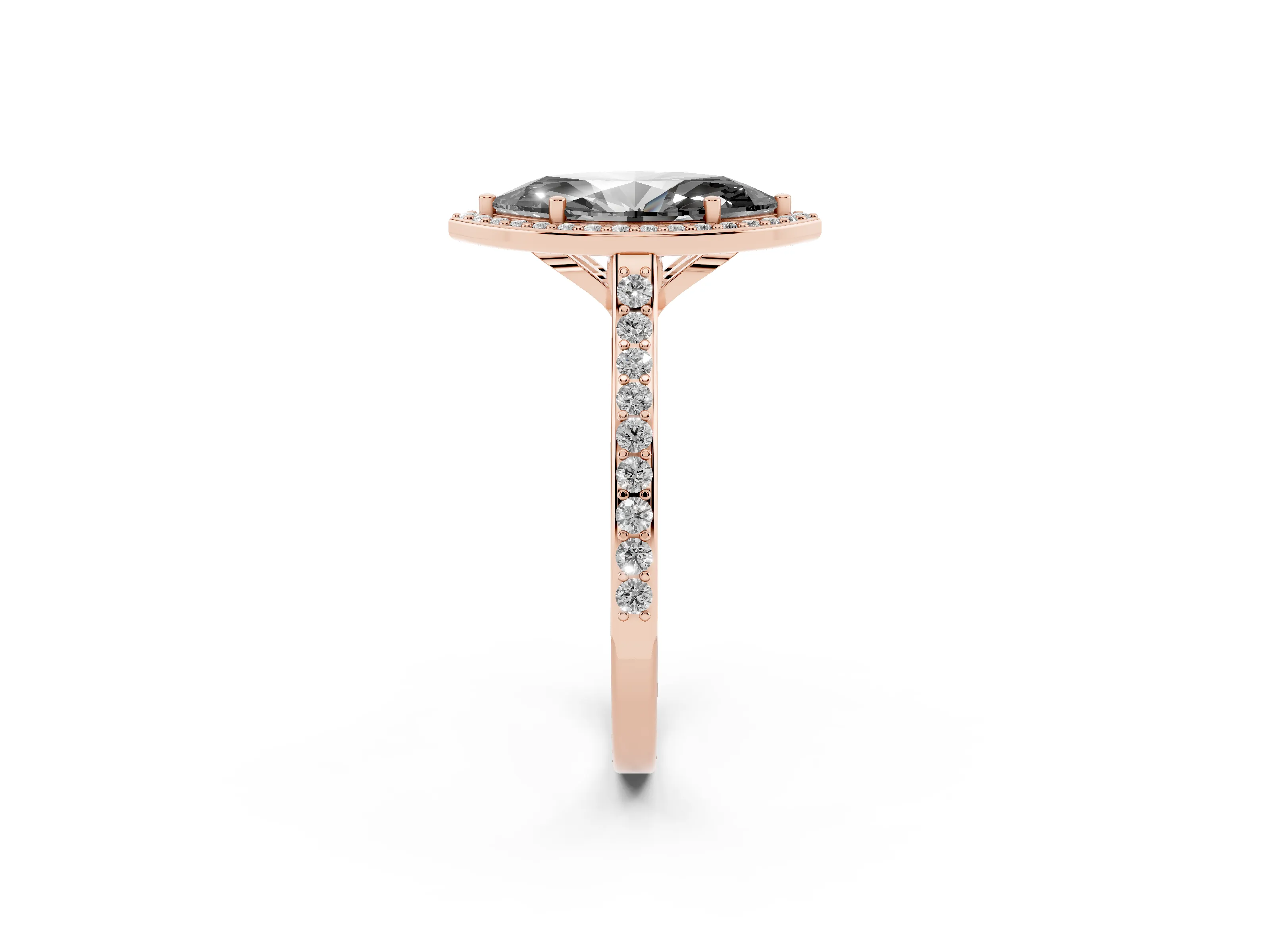 Fancy Black Marquise Cut Diamond Halo Engagement Ring Set in Rose gold with Round Pavé Shoulders and Heart Gallery