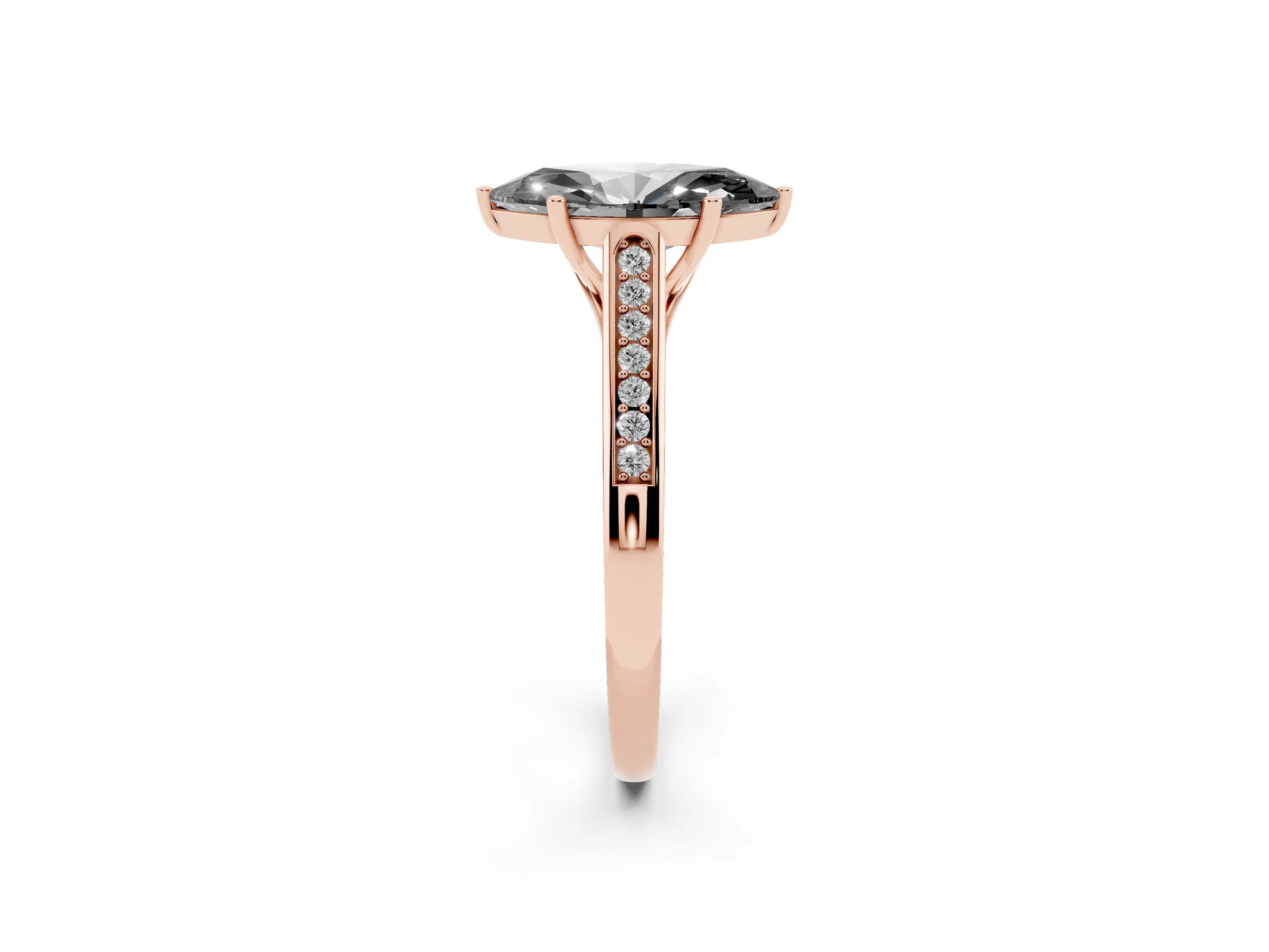 Fancy Black Marquise Cut Diamond Solitaire Cathedral Engagement Ring Set in Rose gold with Channel-Set Band and Prong Setting