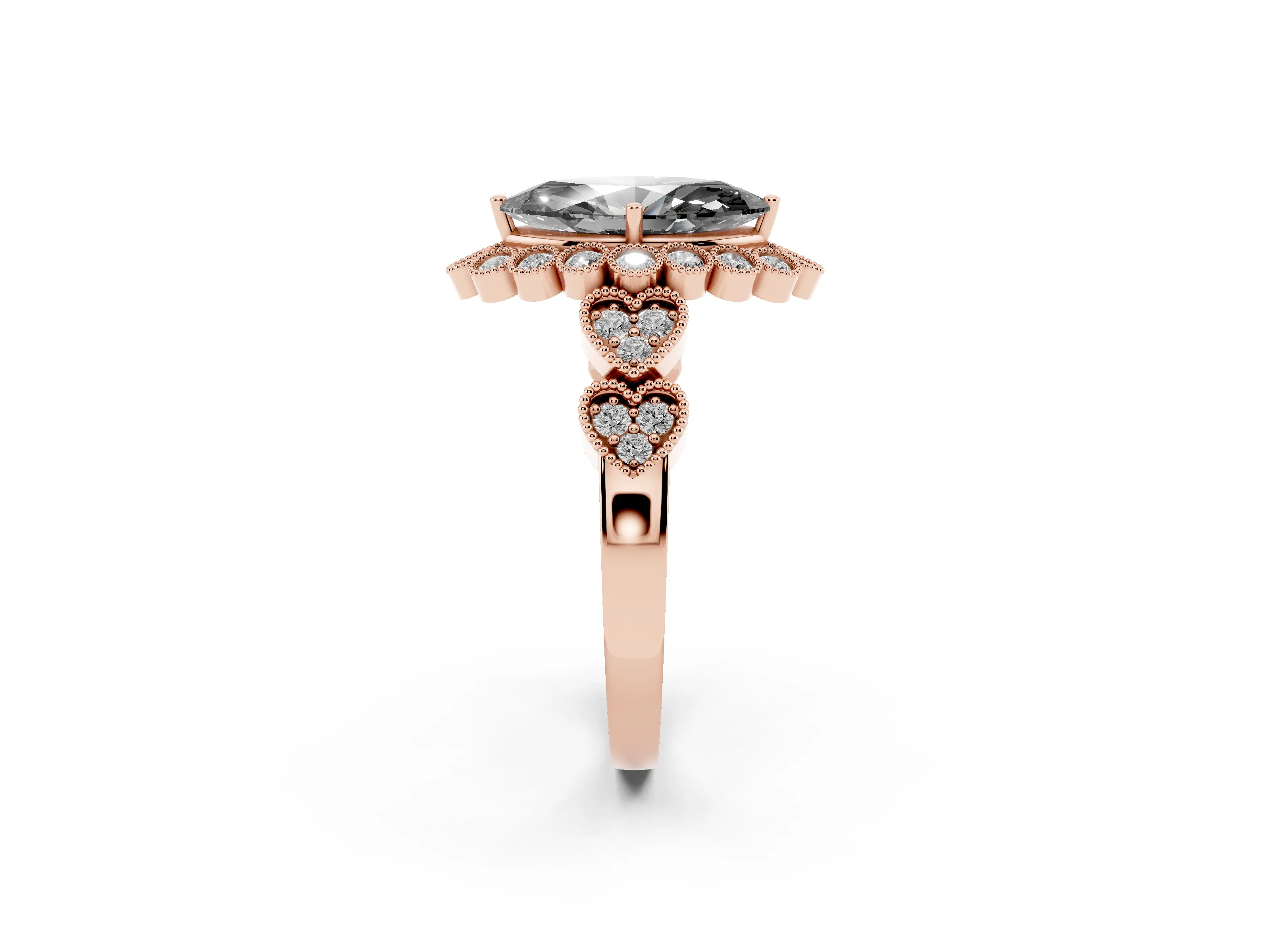 Fancy Black Marquise Cut Diamond Solitaire Ring Set in Rose gold with Milgrain Pavé Heart Band