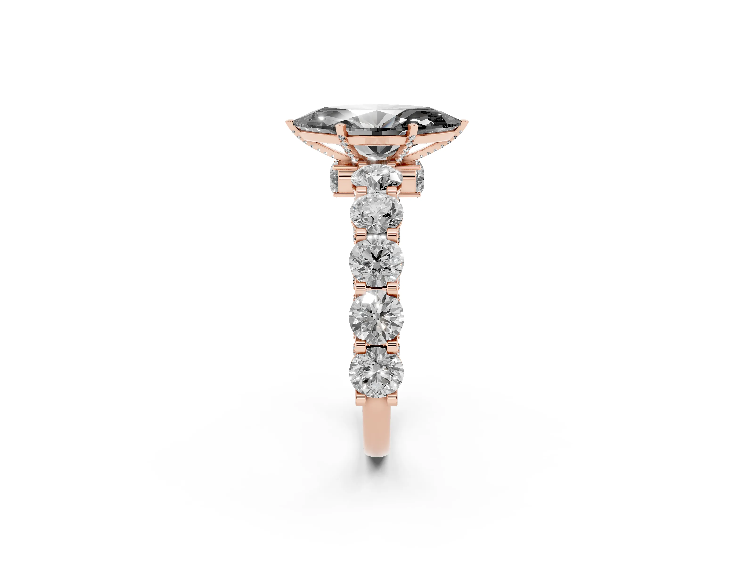 Fancy Black Marquise Cut Diamond Side Stone Ring Set in Rose gold with Alternating Round and Oval Side Stones