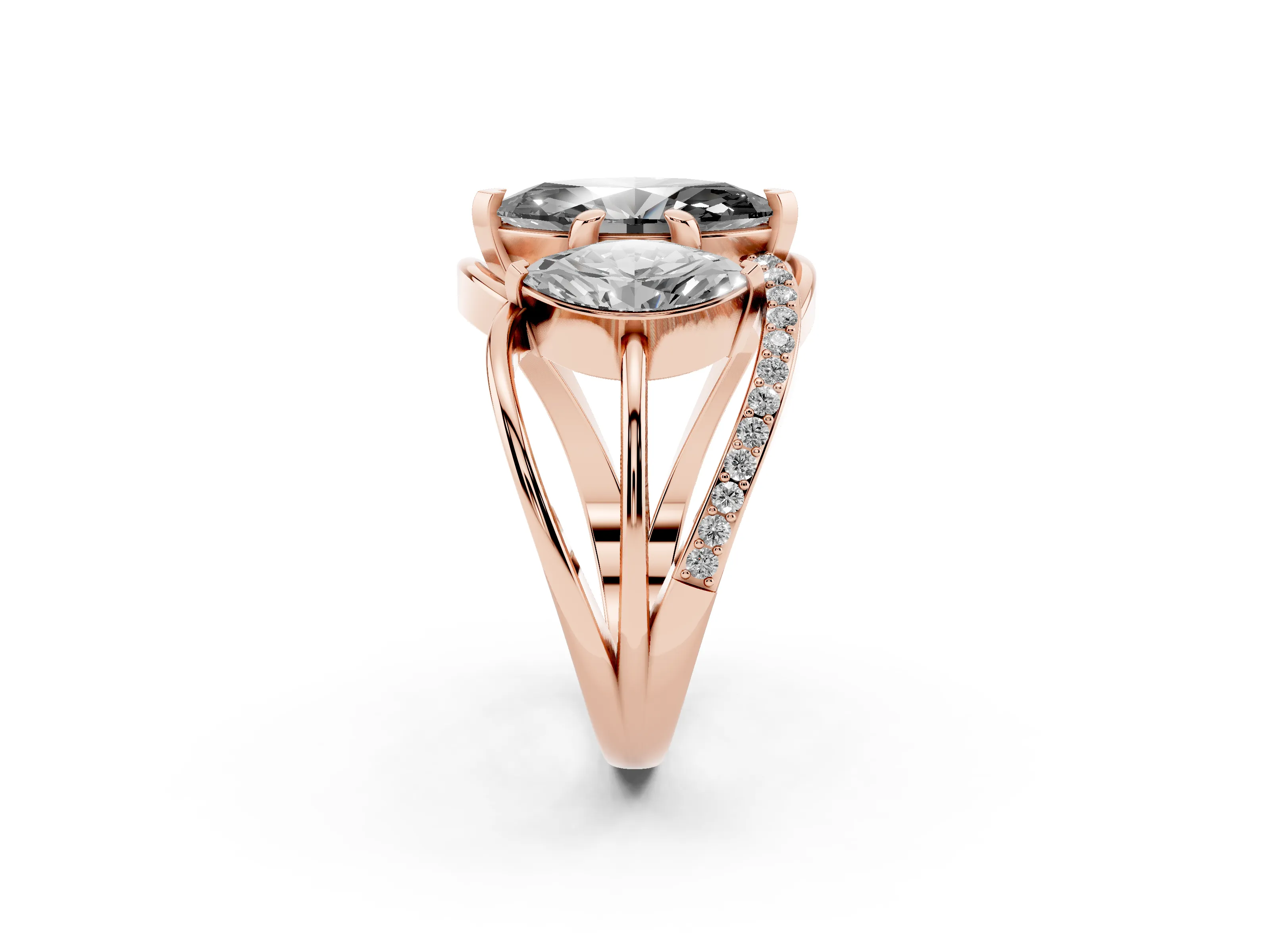 Fancy Black Marquise Cut Diamond Three-Stone Ring Set in Rose gold with Split Shank and Prong Setting