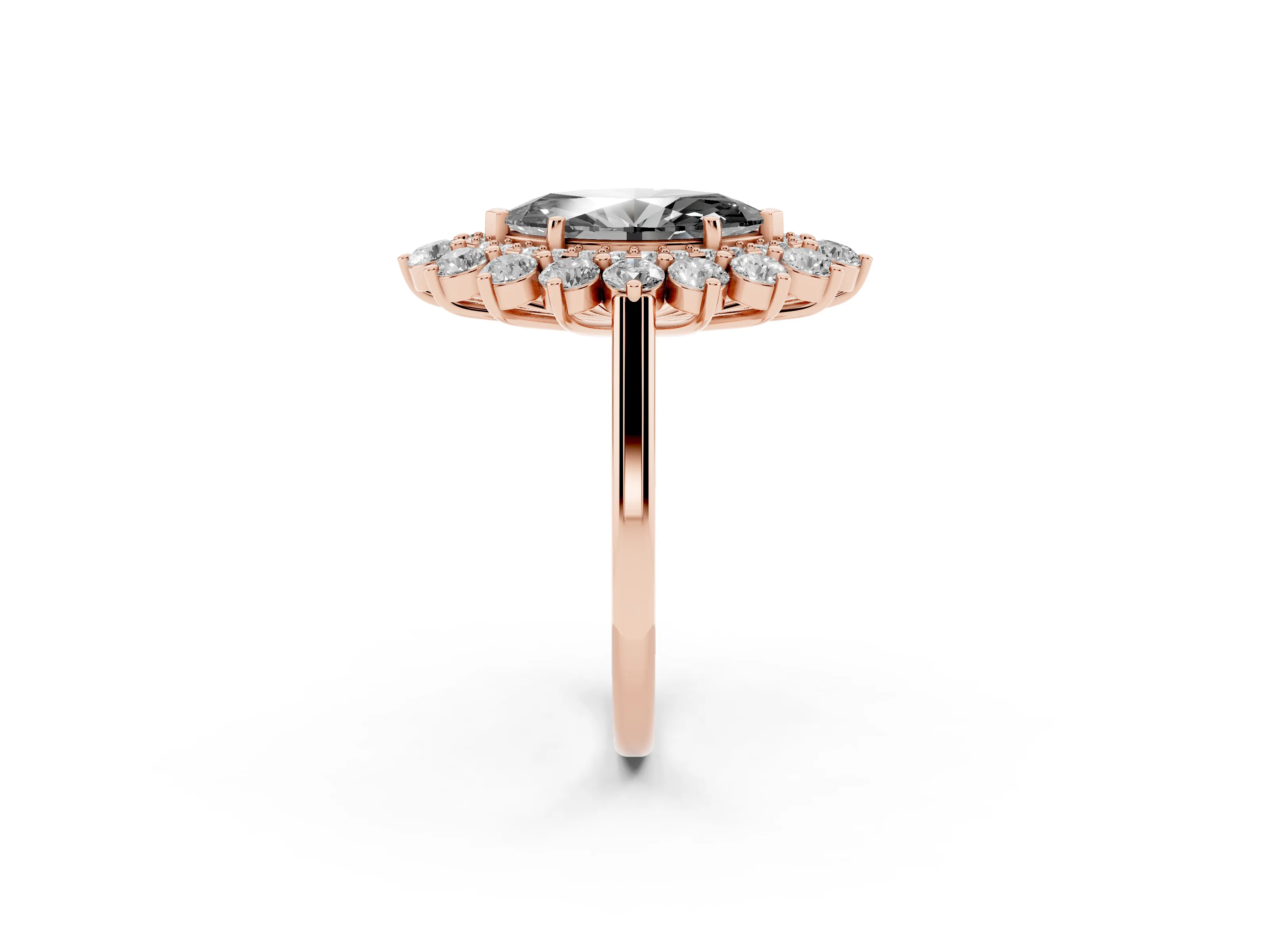 Fancy Black Marquise Cut Diamond Floral Double Halo Ring Set in Rose gold with Round Petals