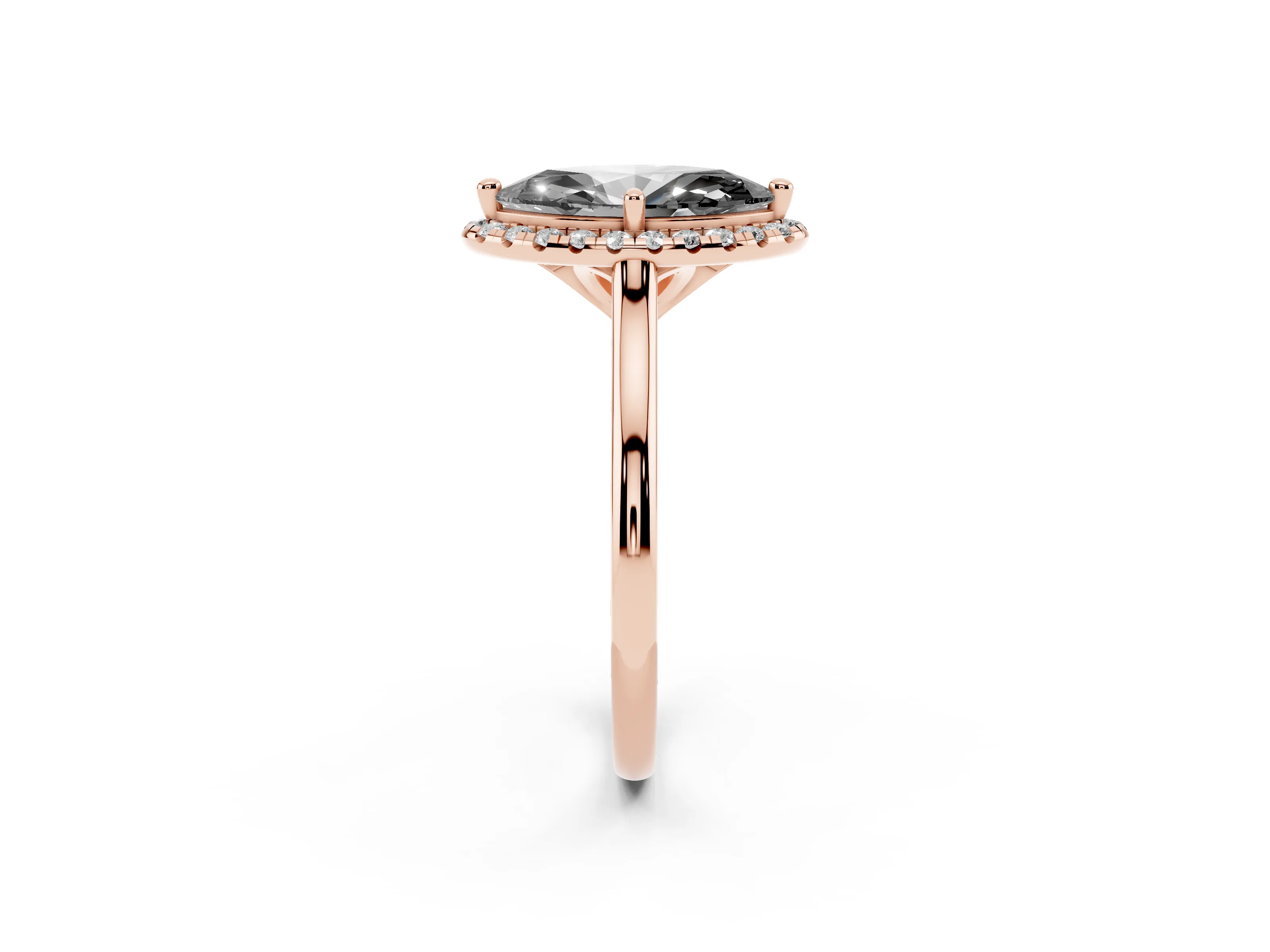 Fancy Black Marquise Cut Diamond Halo Engagement Ring Set in Rose gold with Pavé Band and Rising Shoulders