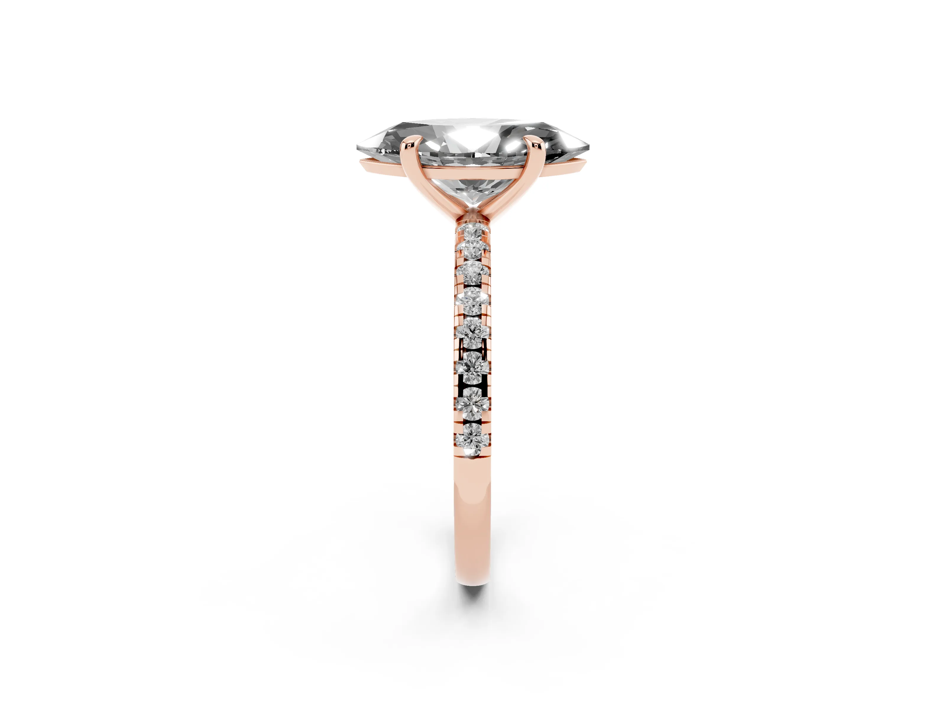 Fancy Black Marquise Cut Diamond Brilliant Solitaire Ring Set in Rose gold with Pavé Band and Prong Setting