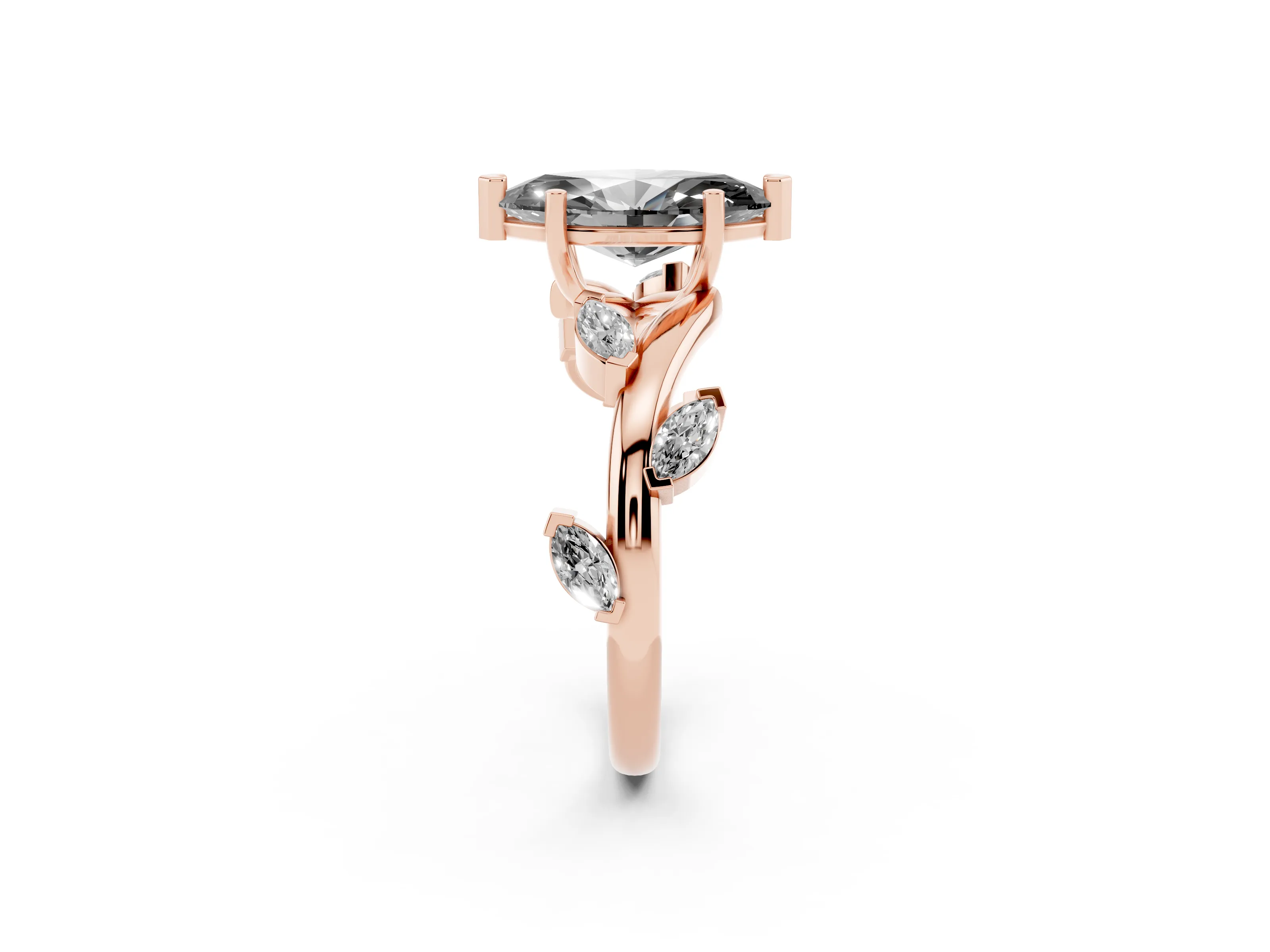 Fancy Black Marquise Cut Diamond Solitaire Ring Set in Rose gold with Twisted Marquise Accent Band