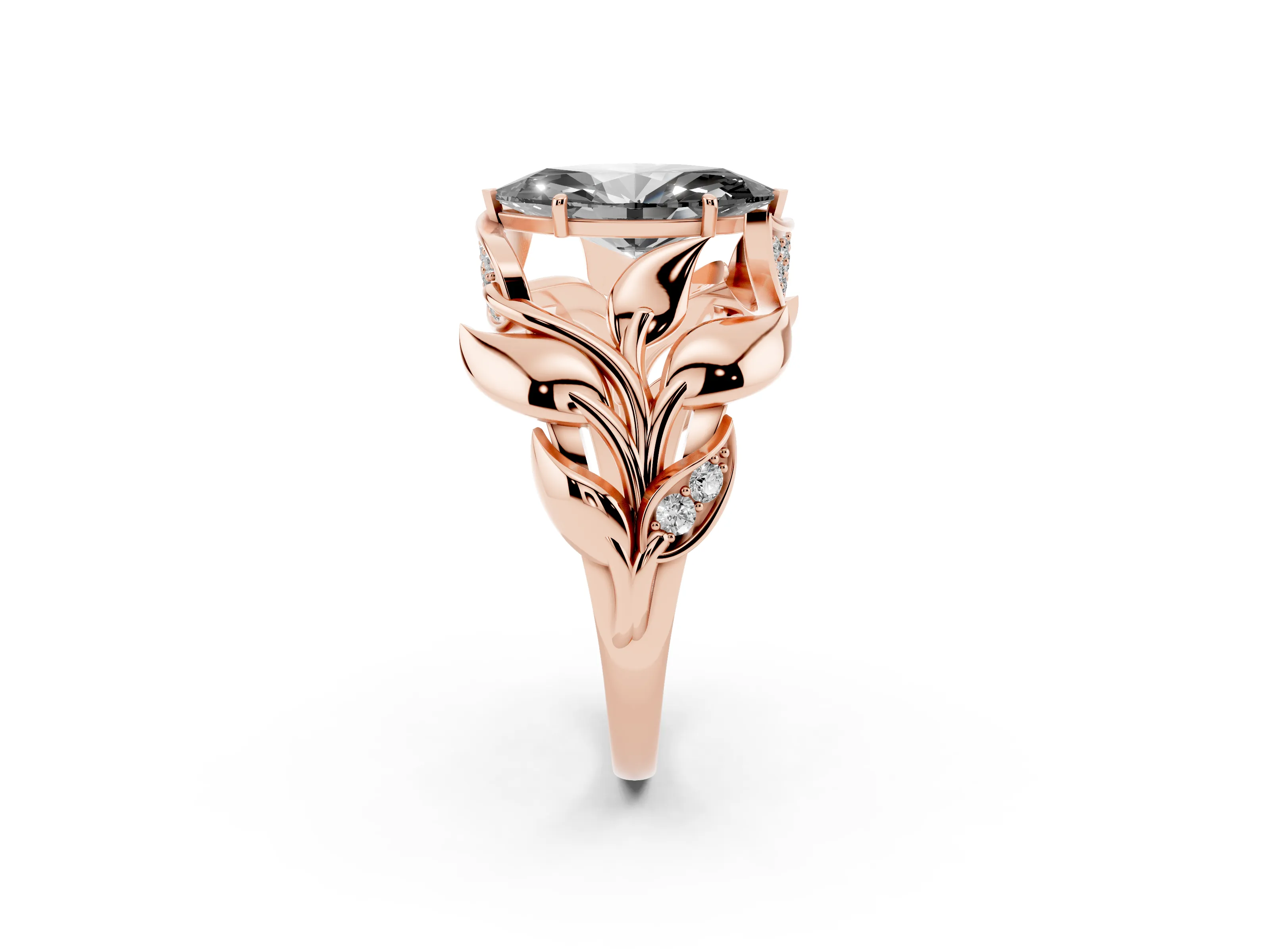 Fancy Black Marquise Cut Diamond Leaf-Inspired Engagement Ring Set in Rose gold with Round Accents