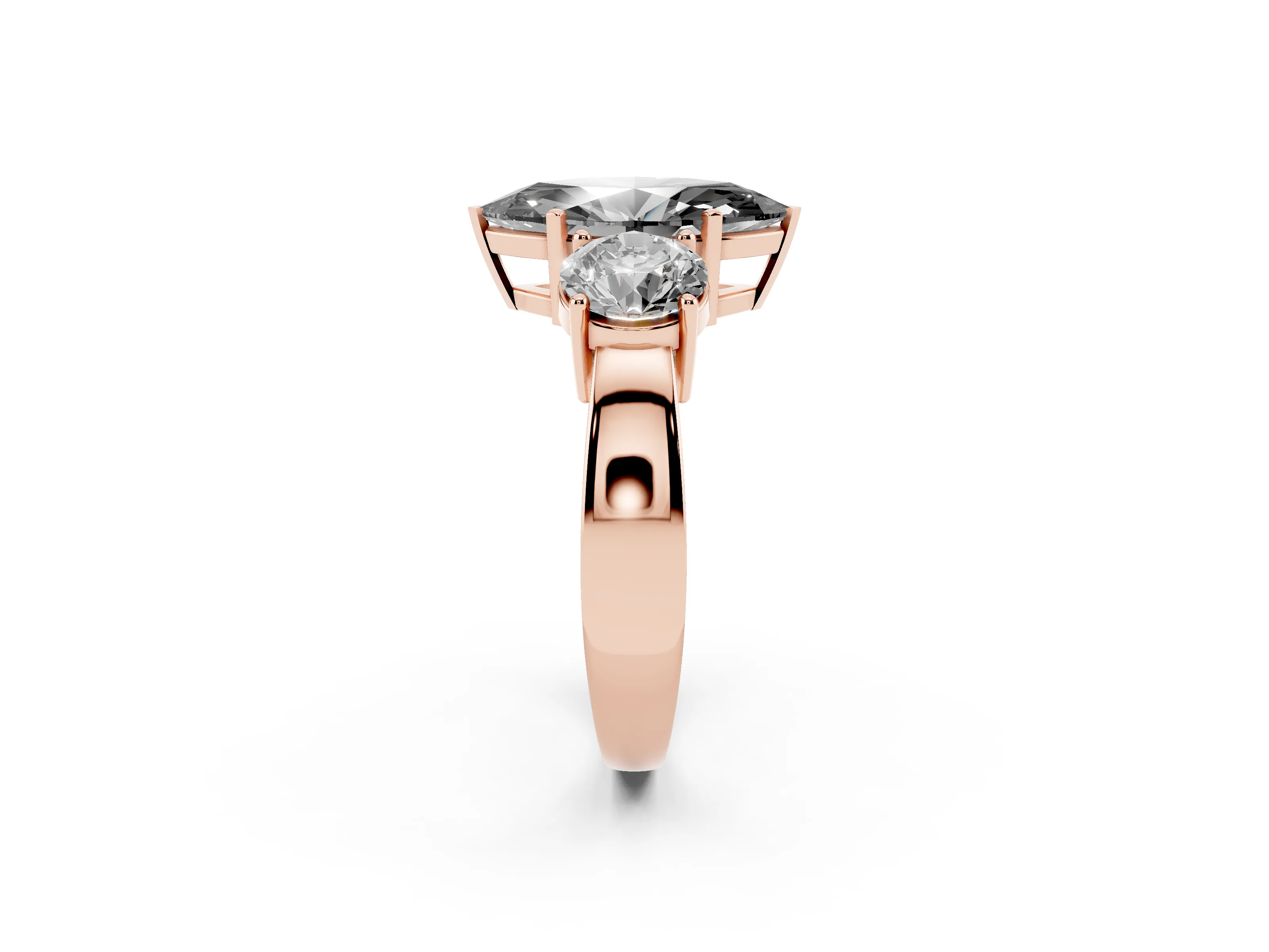 Fancy Black Marquise Cut Diamond Three-Stone Ring Set in Rose gold with Round Side Stones and Classic Band