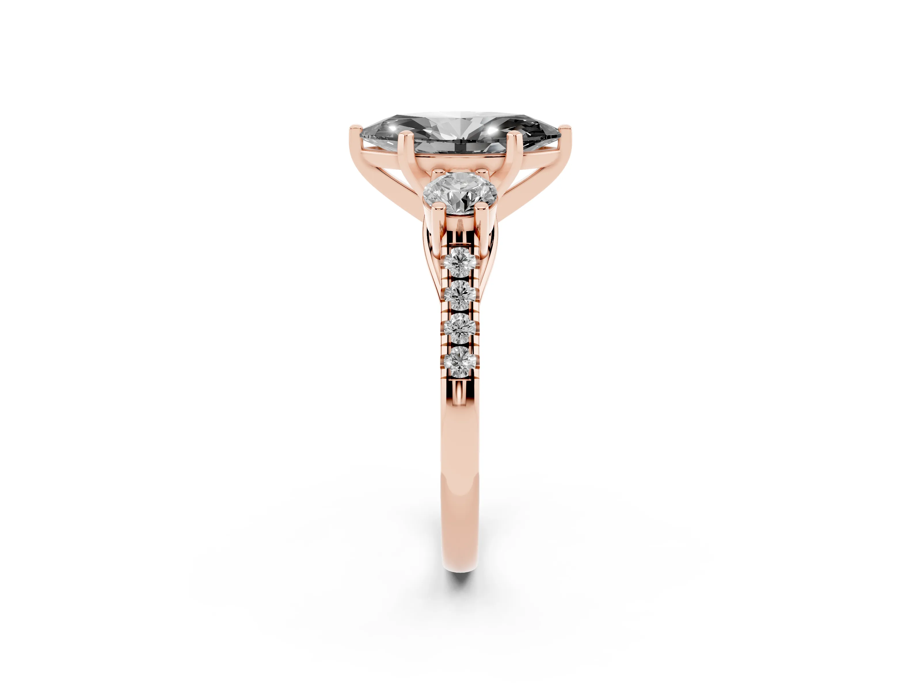 Fancy Black Three-Stone Marquise Cut Diamond Pavé Band Ring Set in Rose gold with Prong-Set Trio