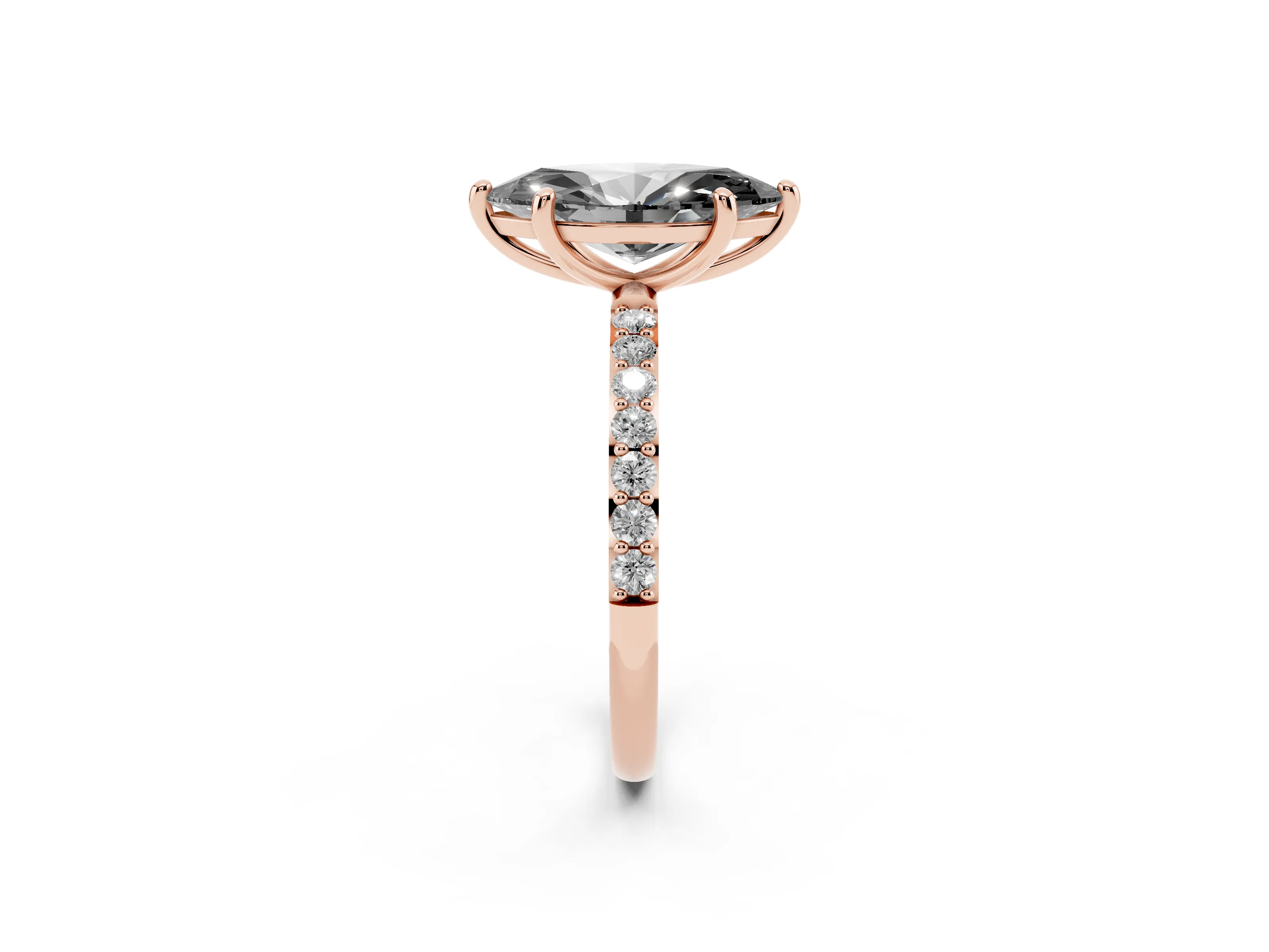Fancy Black Marquise Cut Diamond Solitaire Ring Set in Rose gold with Round Pavé Band and Prong Setting