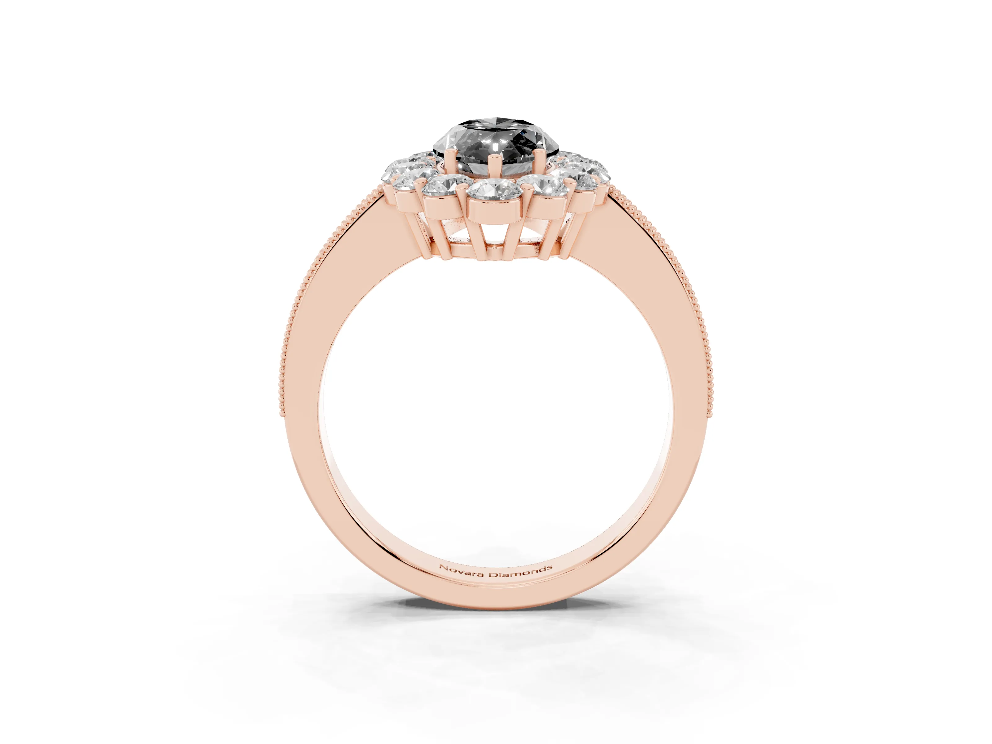 Fancy Black Marquise Cut Diamond Halo Pavé Engagement Ring Set in Rose gold with Milgrain Detailing
