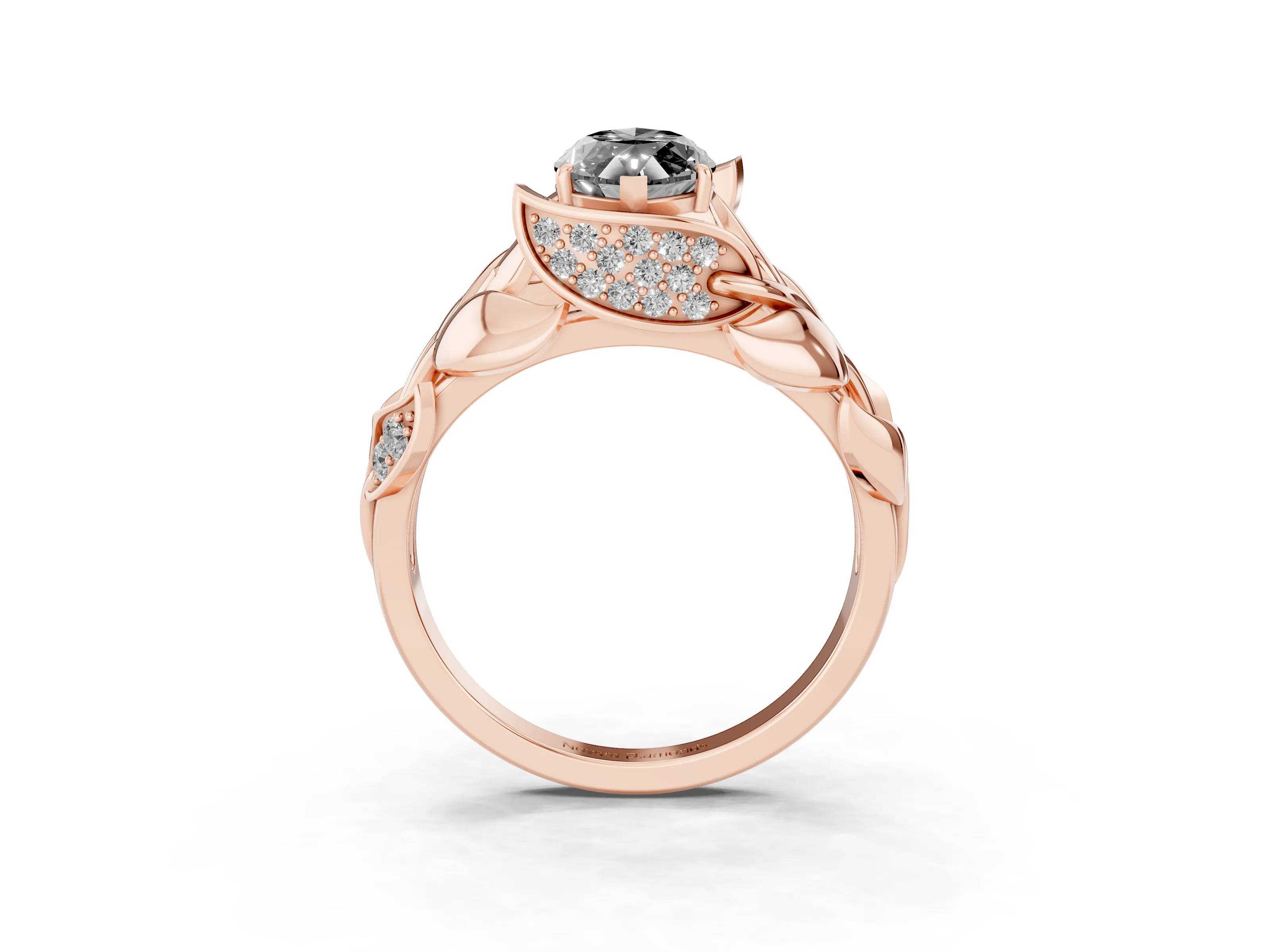 Fancy Black Marquise Cut Diamond Leaf-Inspired Engagement Ring Set in Rose gold with Round Accents