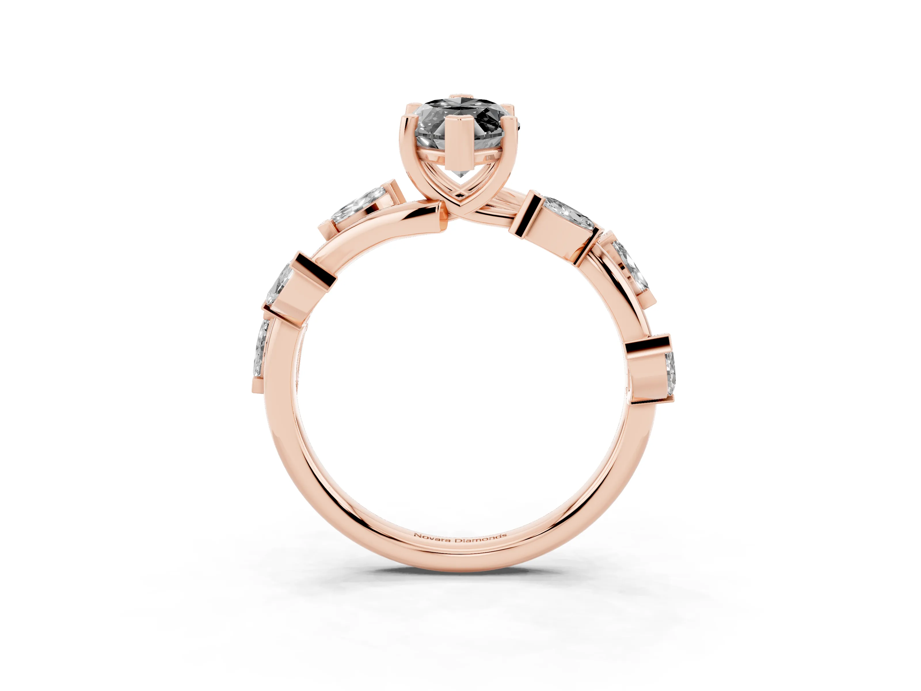 Fancy Black Marquise Cut Diamond Solitaire Ring Set in Rose gold with Twisted Marquise Accent Band