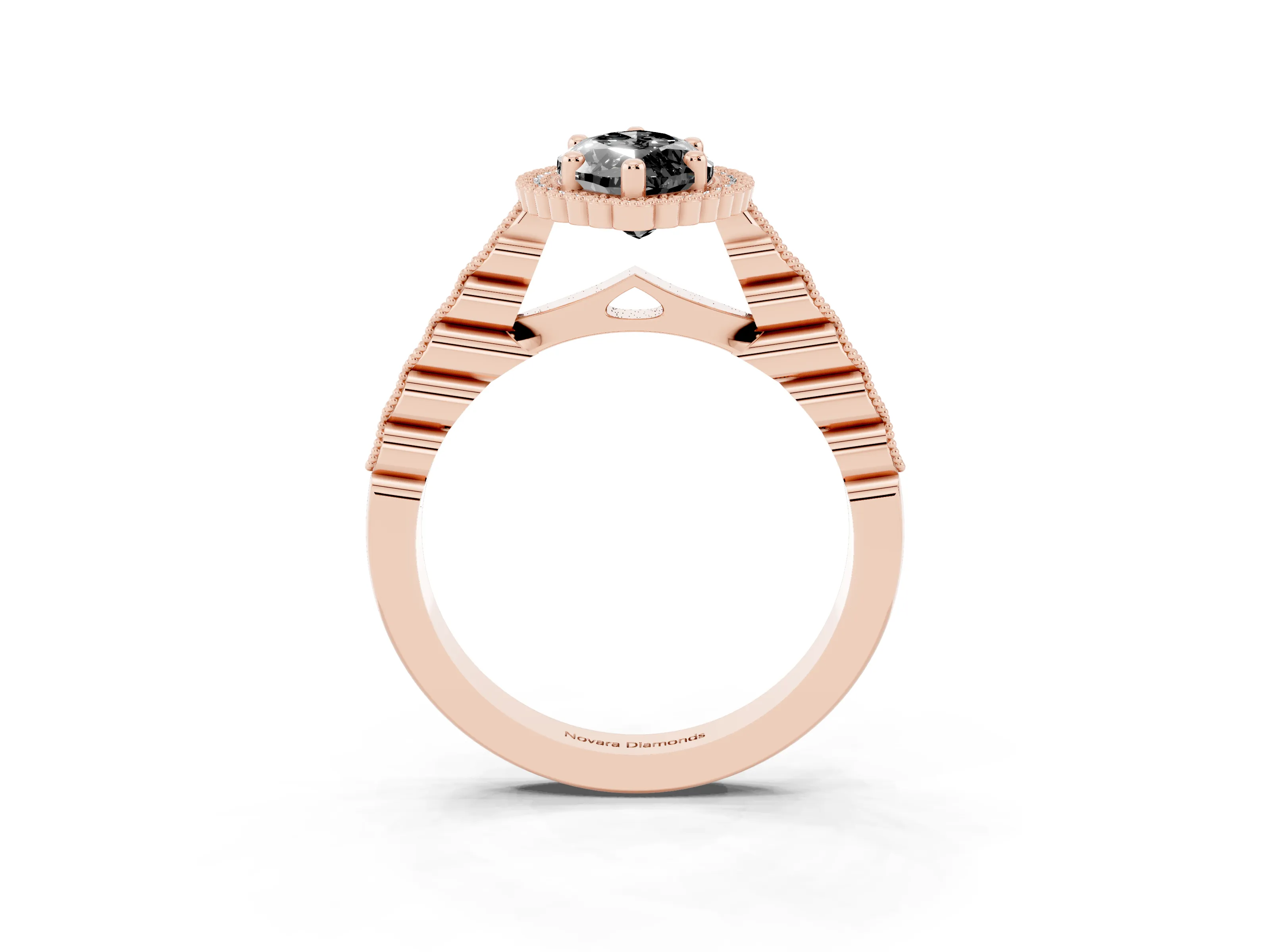 Fancy Black Marquise Cut Diamond Halo Ring Set in Rose gold with Pavé Milgrain Band