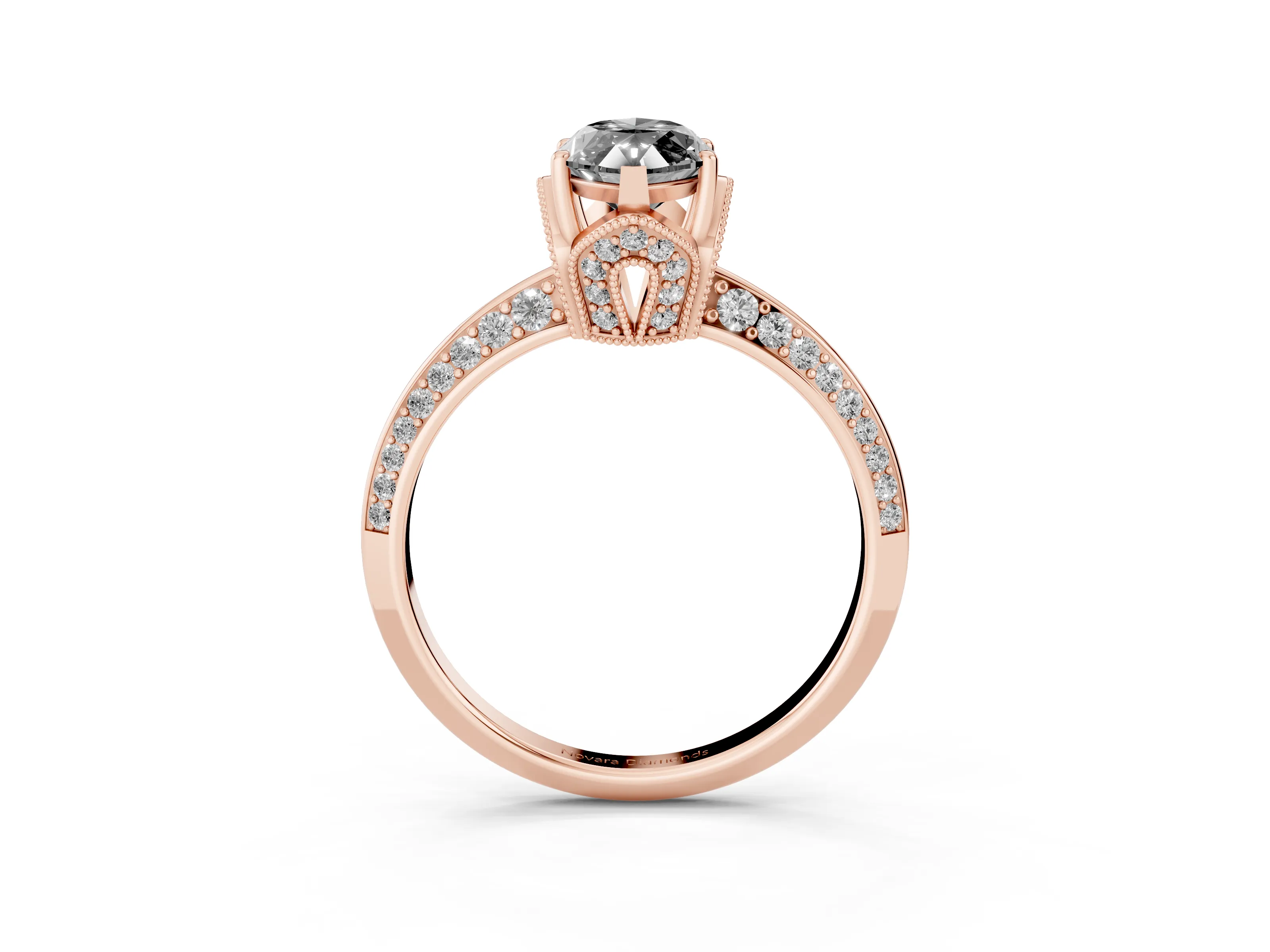 Fancy Black Marquise Cut Diamond Solitaire Engagement Ring Set in Rose gold with Pavé Split Shank and Prong Setting