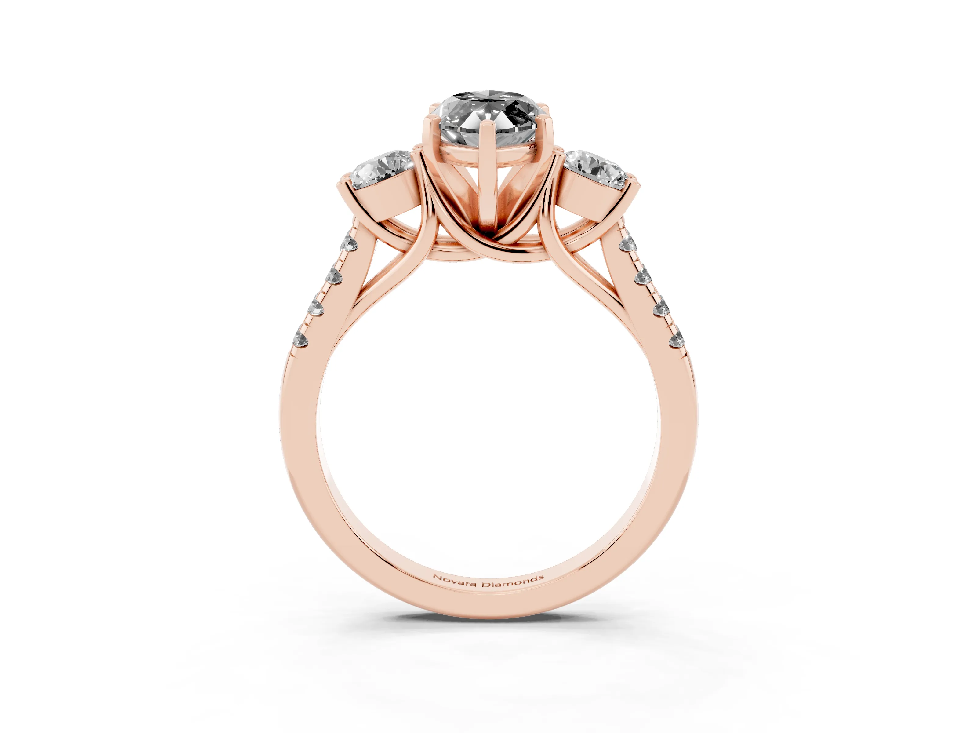 Fancy Black Three-Stone Marquise Cut Diamond Pavé Band Ring Set in Rose gold with Prong-Set Trio