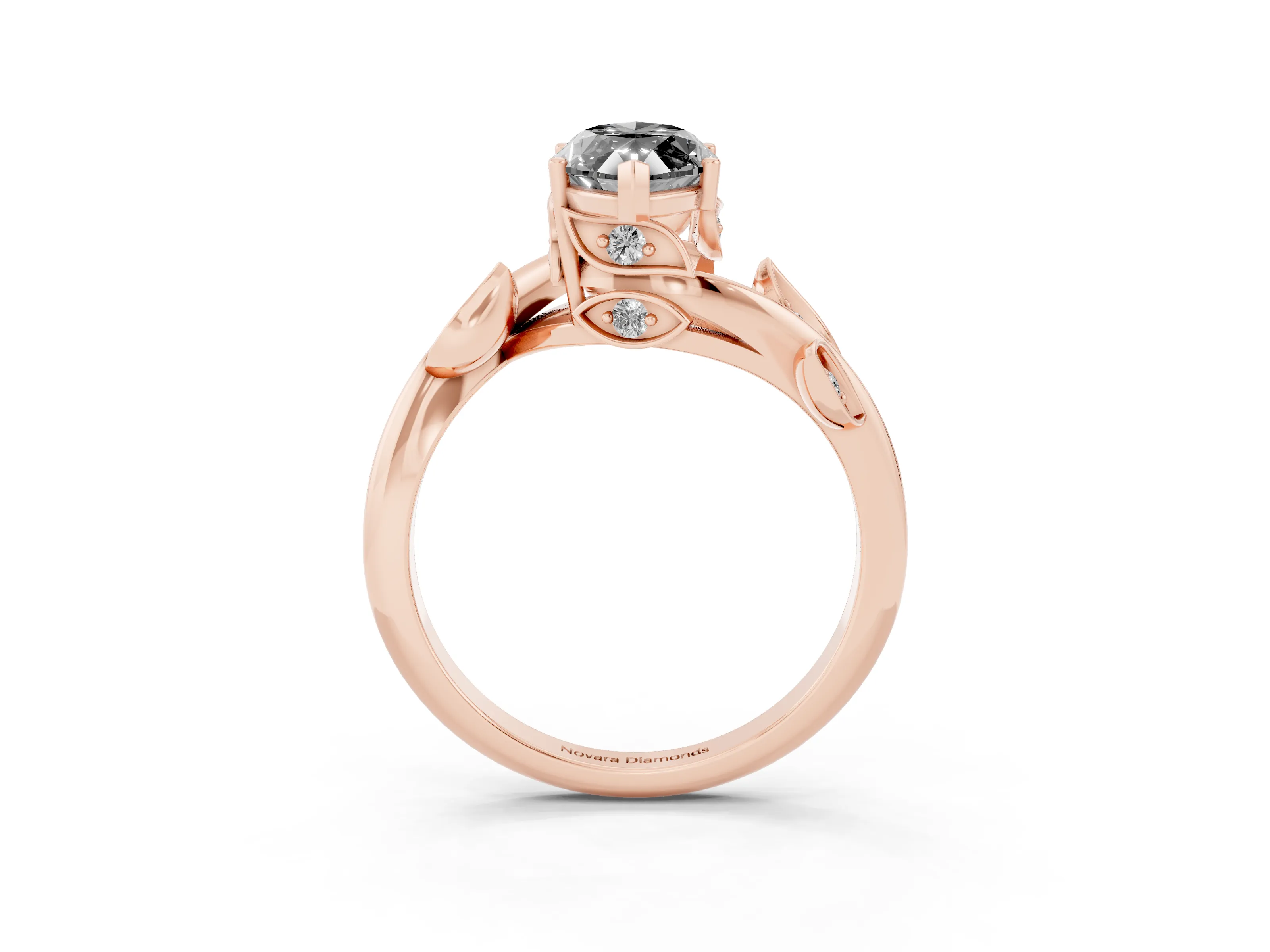 Fancy Black Marquise Cut Diamond Solitaire Twist Engagement Ring Set in Rose gold with Pavé Leaf Accents