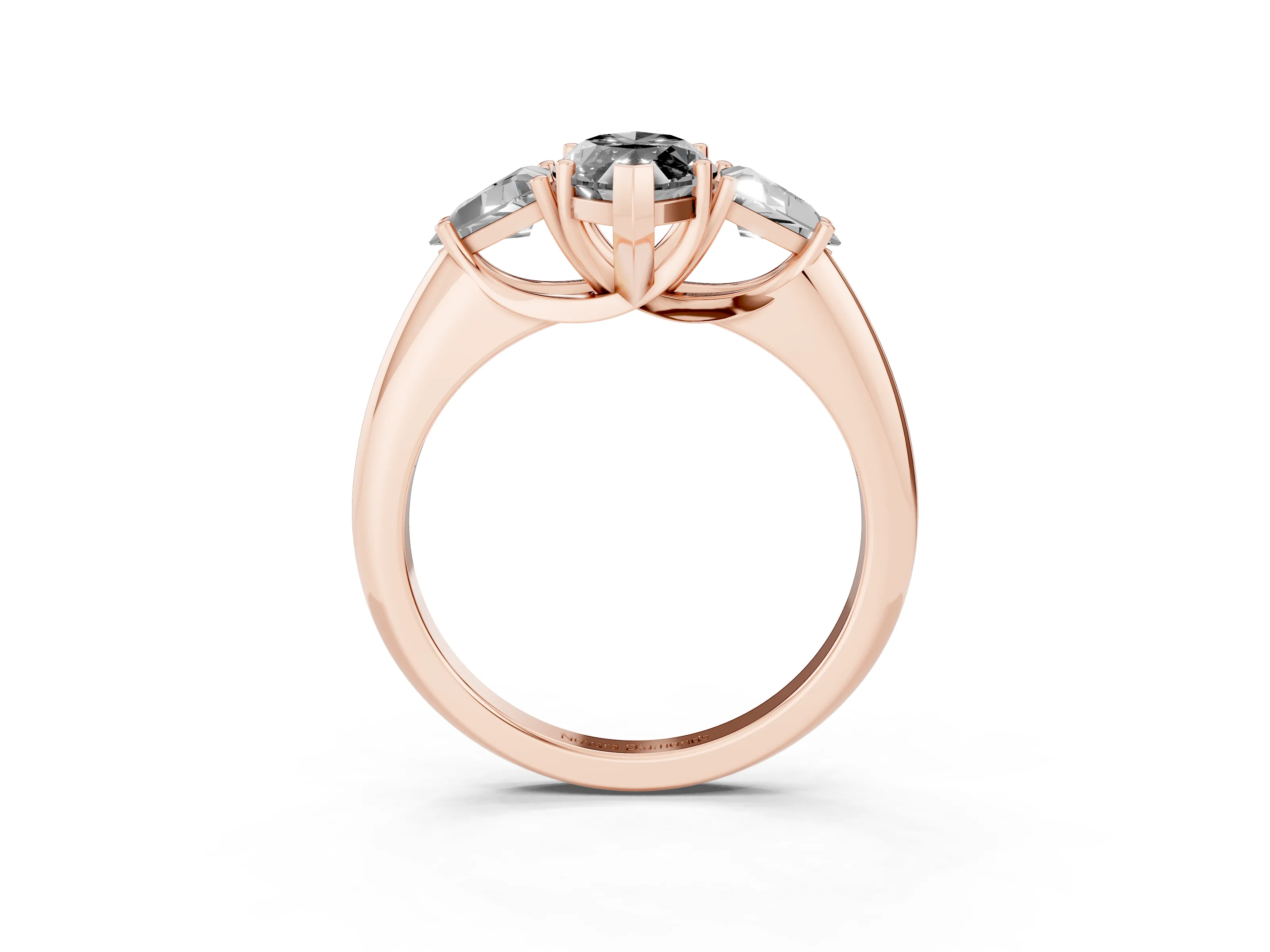 Fancy Black Marquise Cut Diamond Three-Stone Engagement Ring Set in Rose gold with Trillion Side Stones
