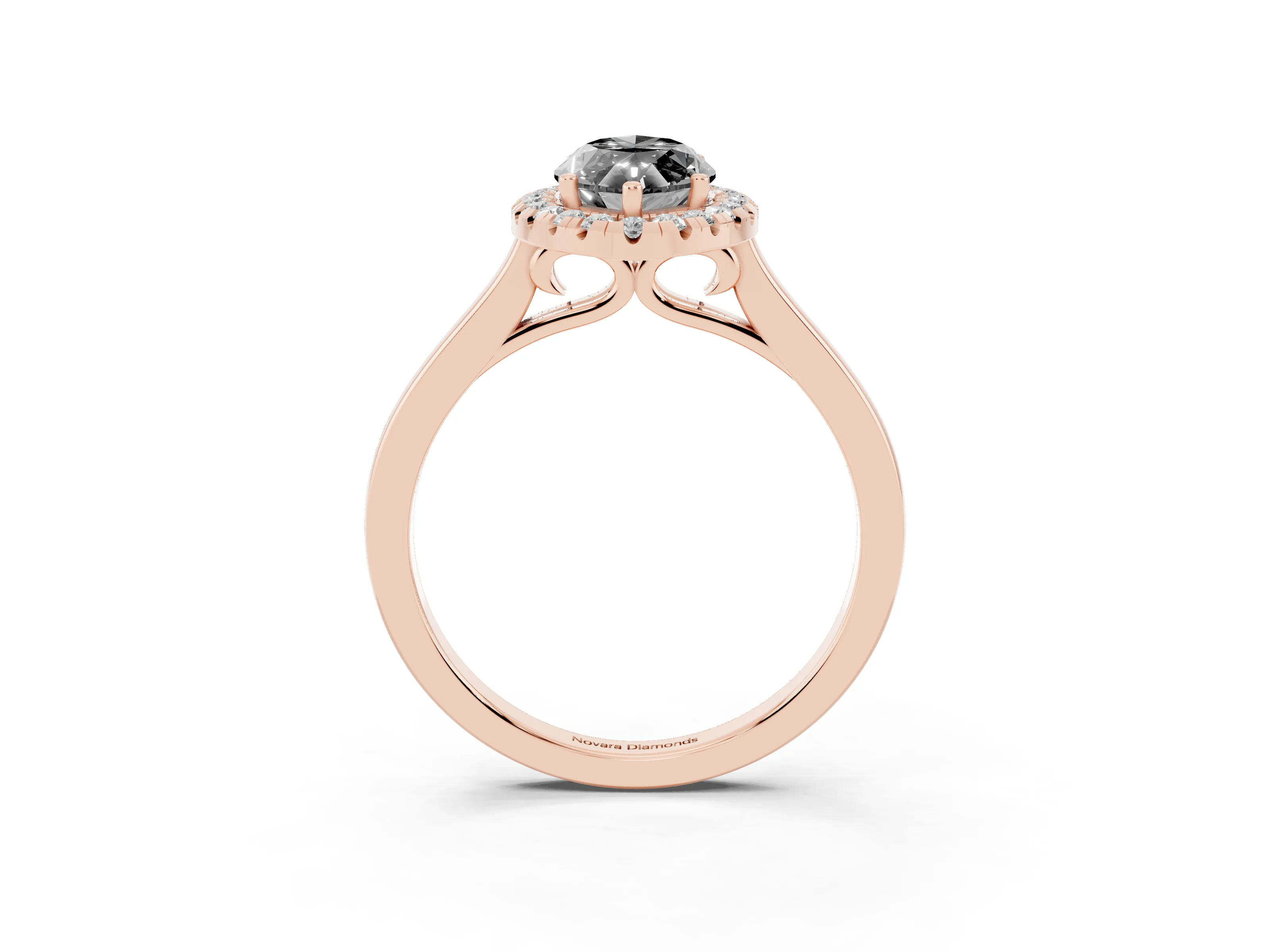 Fancy Black Marquise Cut Halo Round Diamond Solitaire Ring Set in Rose gold with Pavé Band and Prong Setting
