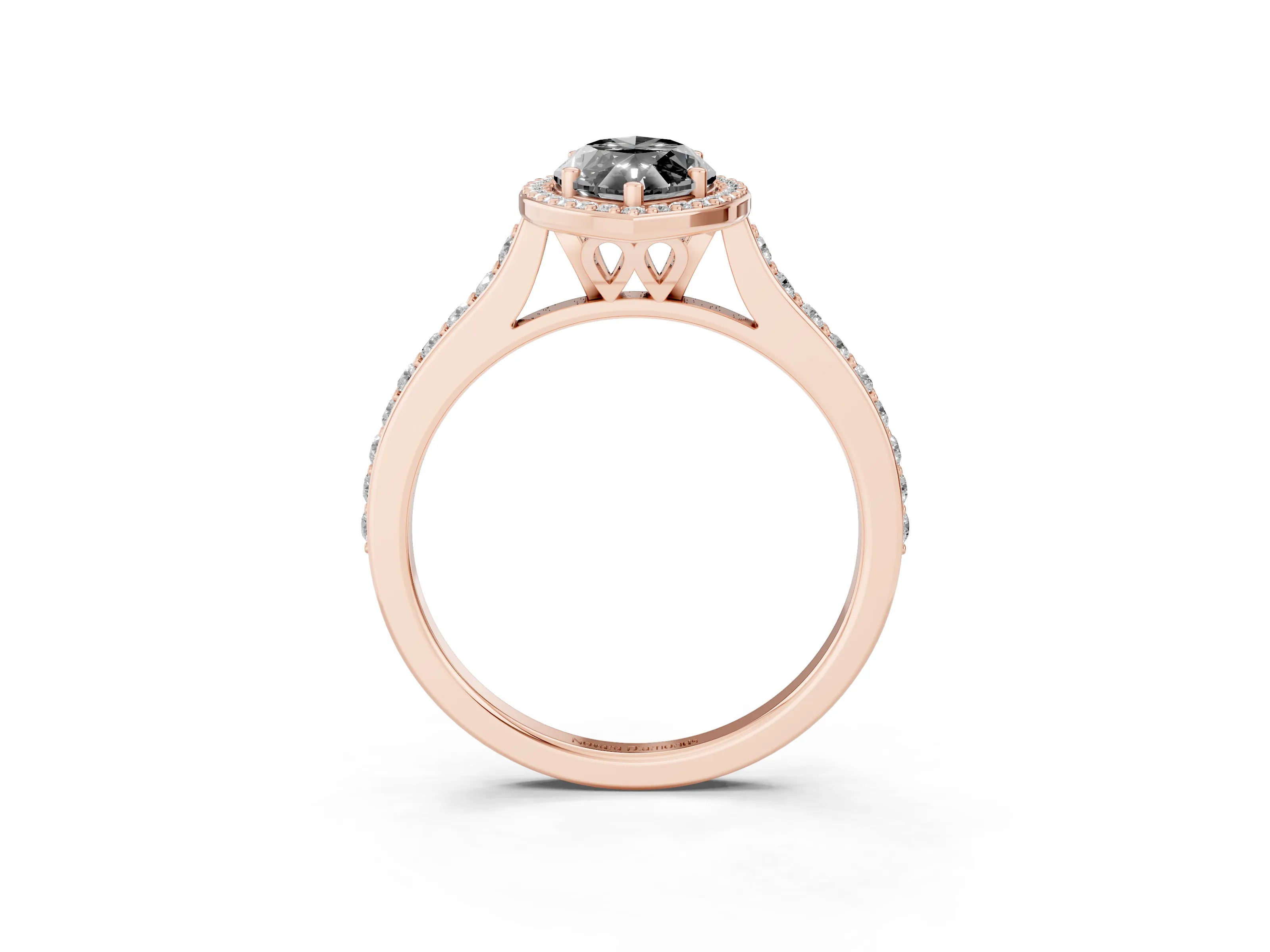 Fancy Black Marquise Cut Diamond Halo Engagement Ring Set in Rose gold with Round Pavé Shoulders and Heart Gallery