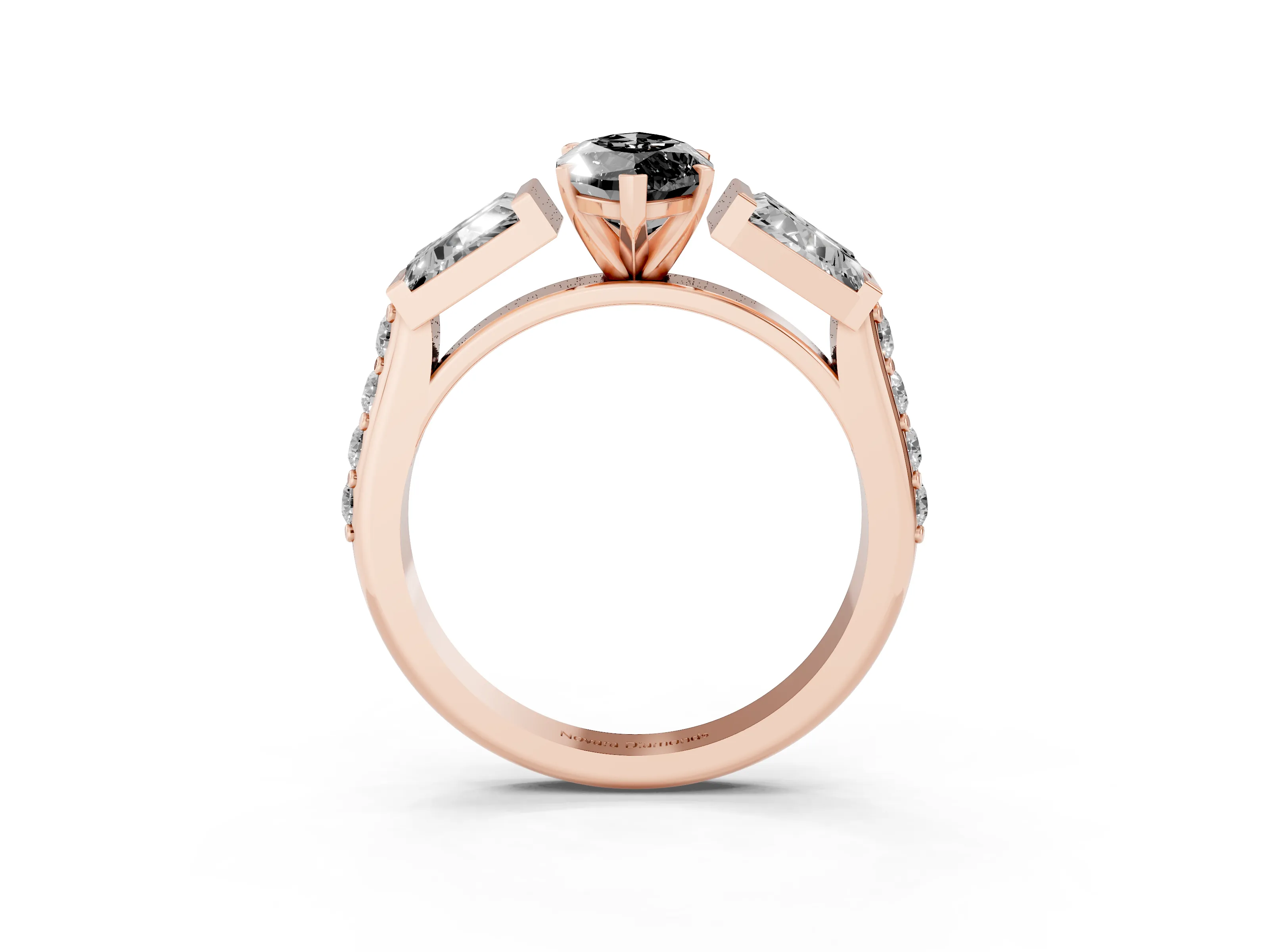 Fancy Black Marquise Cut Diamond Engagement Ring Set in Rose gold with Baguette Side Stones and Channel Set Band