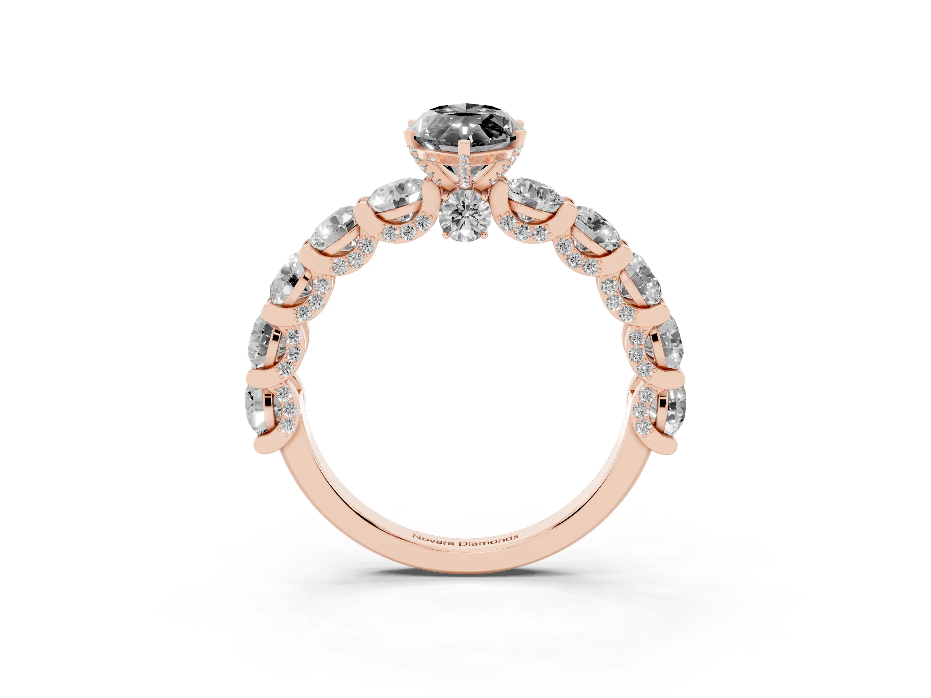 Fancy Black Marquise Cut Diamond Side Stone Ring Set in Rose gold with Alternating Round and Oval Side Stones