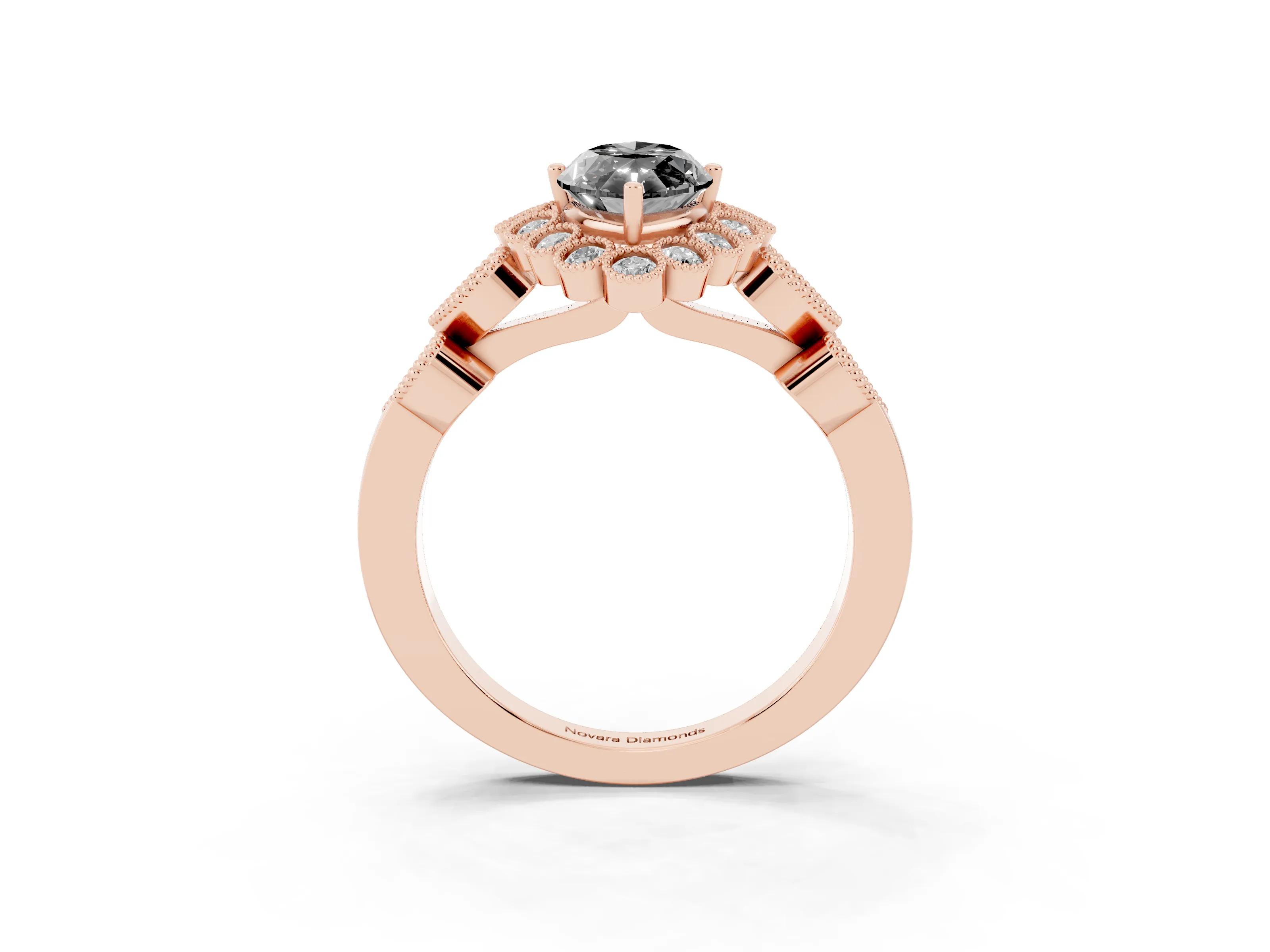 Fancy Black Marquise Cut Diamond Solitaire Ring Set in Rose gold with Milgrain Pavé Heart Band