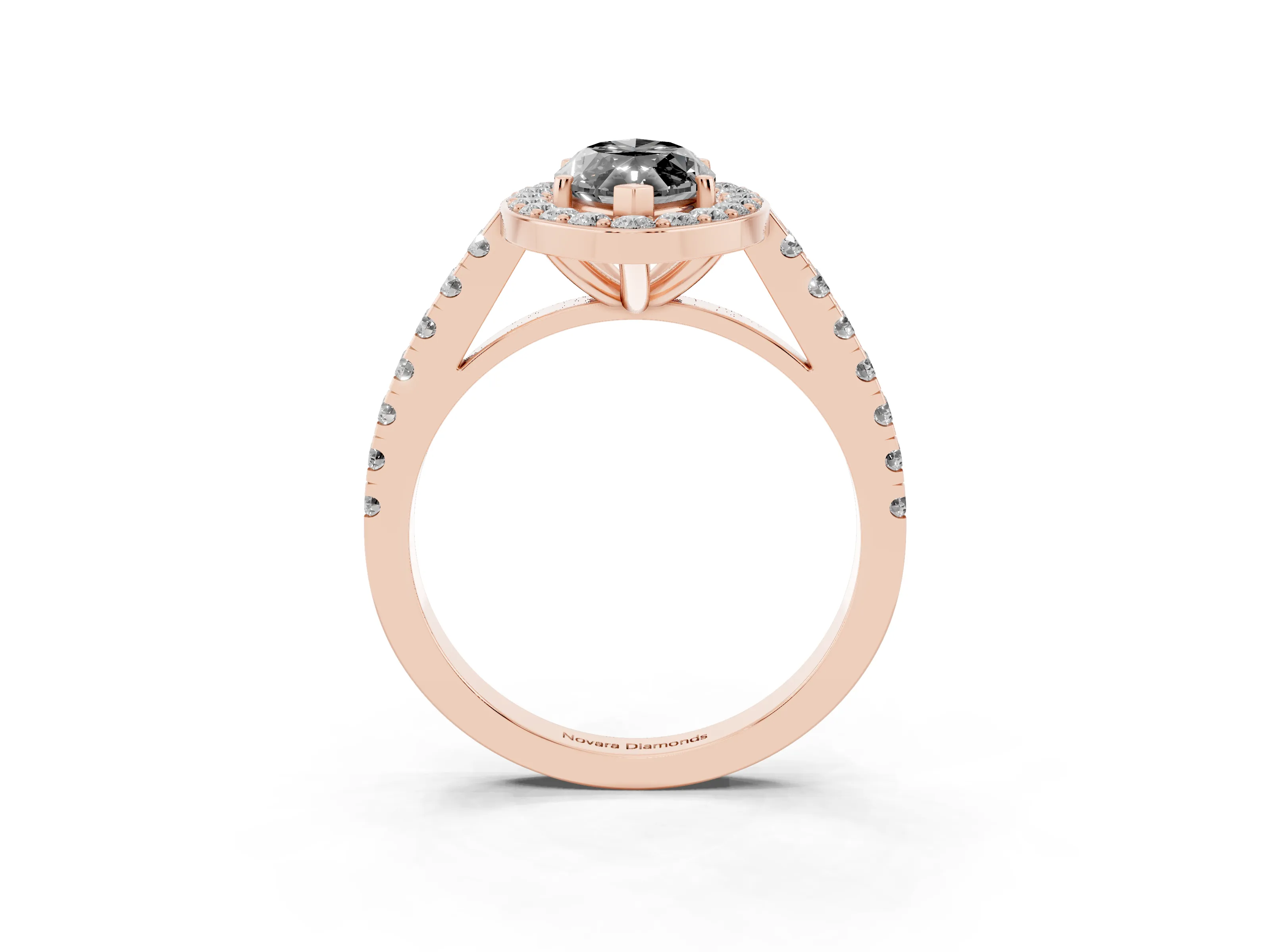 Fancy Black Marquise Cut Diamond Halo Ring Set in Rose gold with Round Pavé Split Shank and Prong Setting