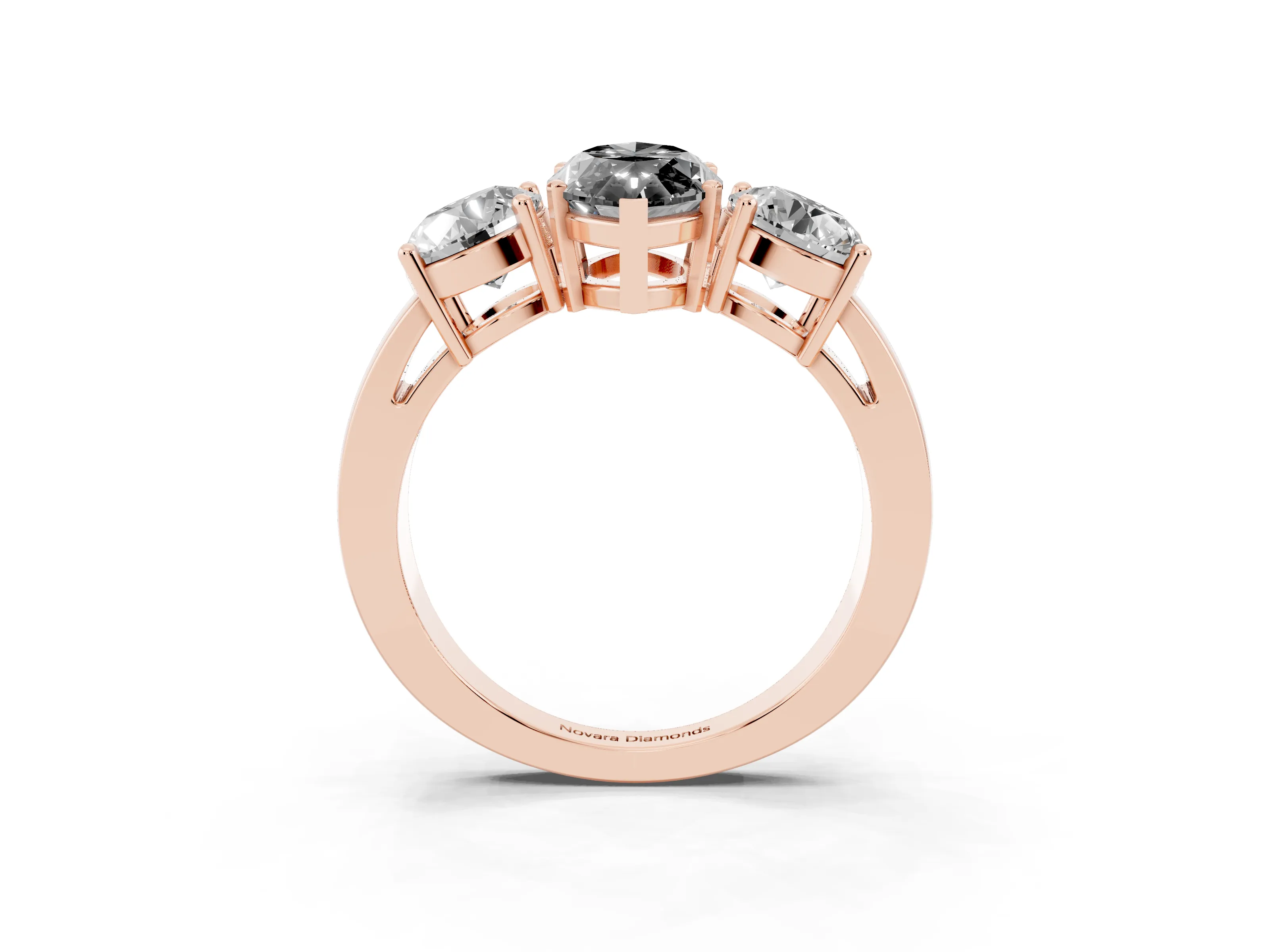Fancy Black Marquise Cut Diamond Three-Stone Ring Set in Rose gold with Round Side Stones and Classic Band