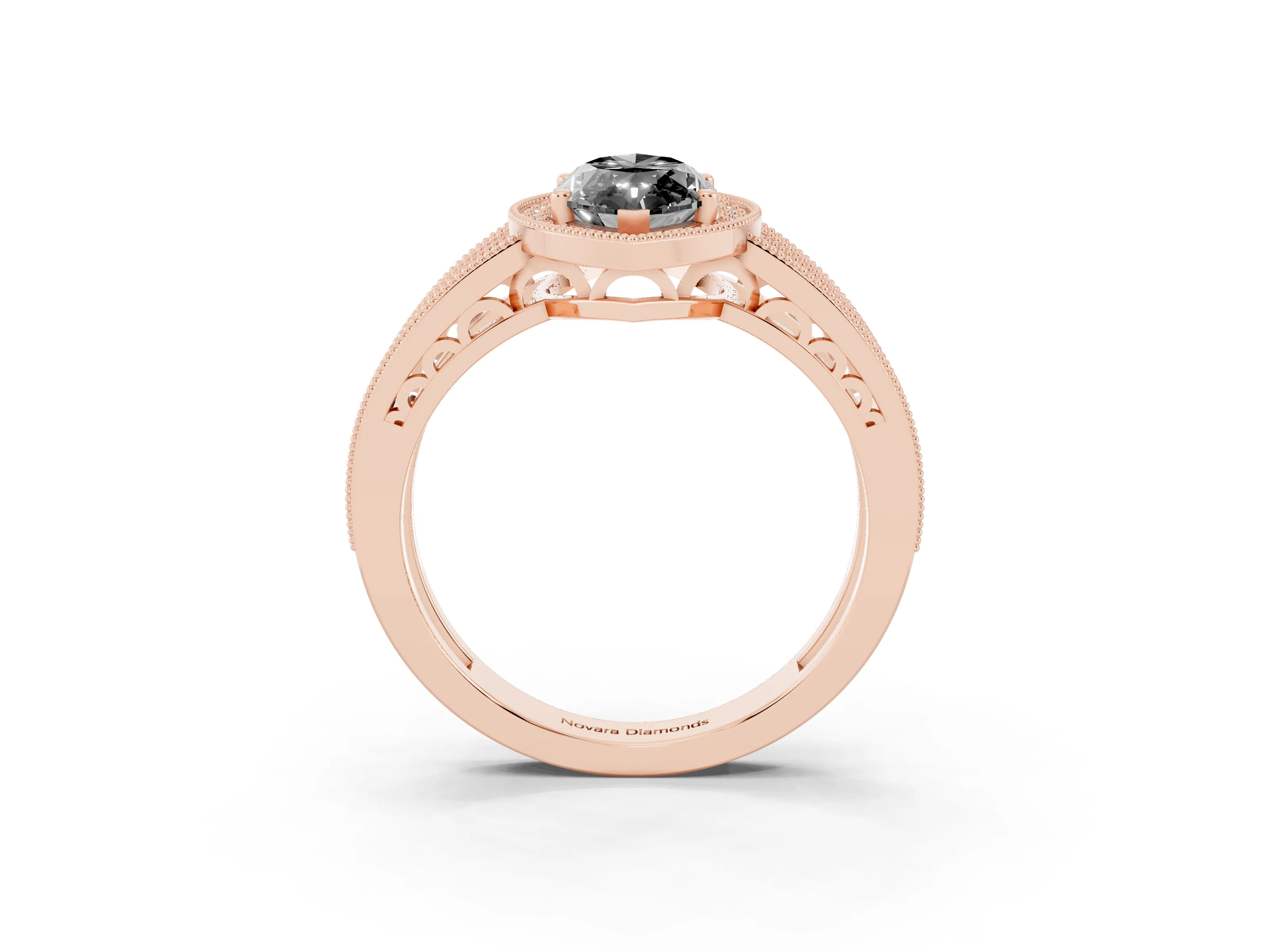 Fancy Black Marquise Cut Diamond Halo Ring Set in Rose gold with Accent Split Shank and Prong Setting