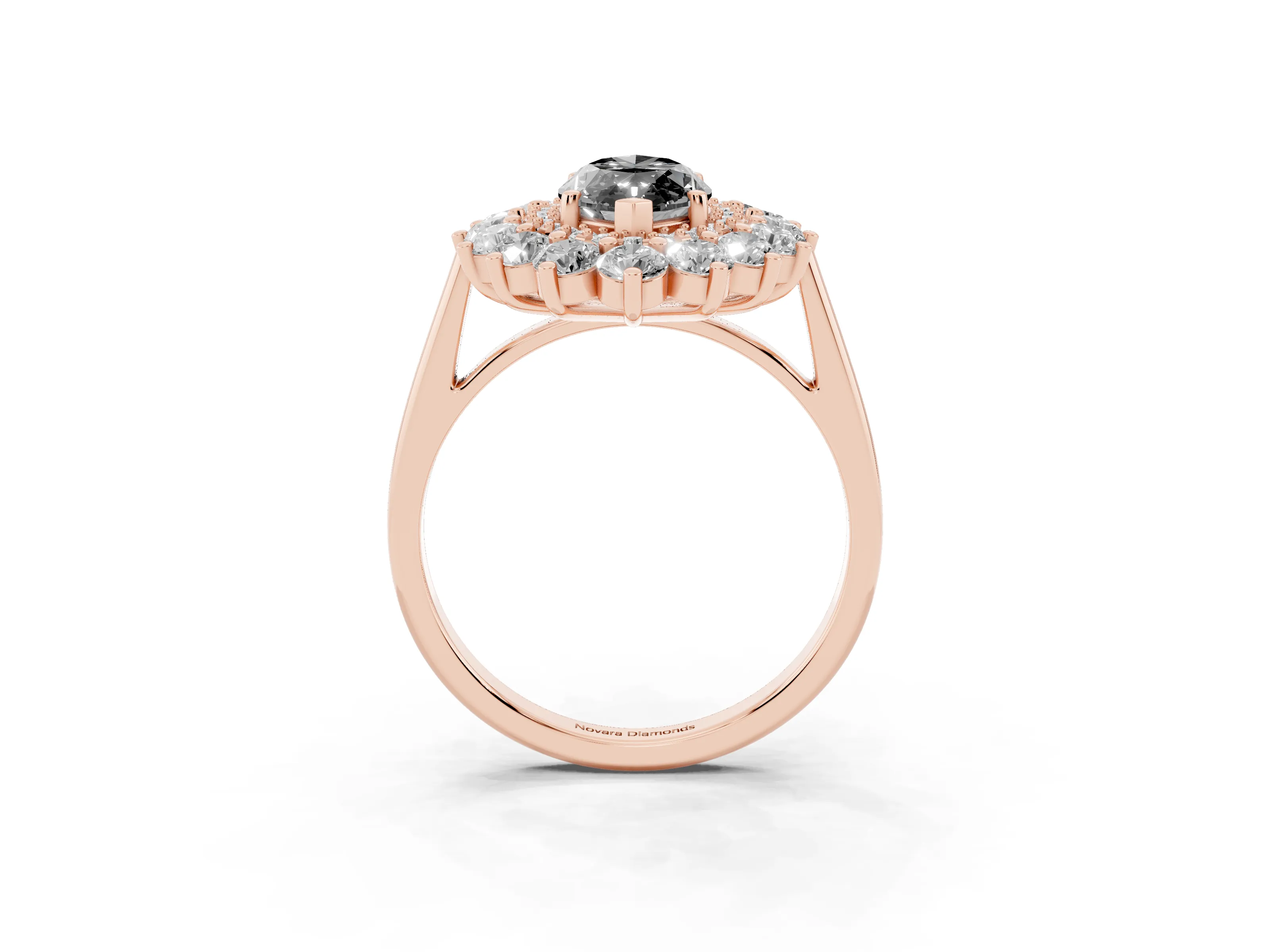 Fancy Black Marquise Cut Diamond Floral Double Halo Ring Set in Rose gold with Round Petals