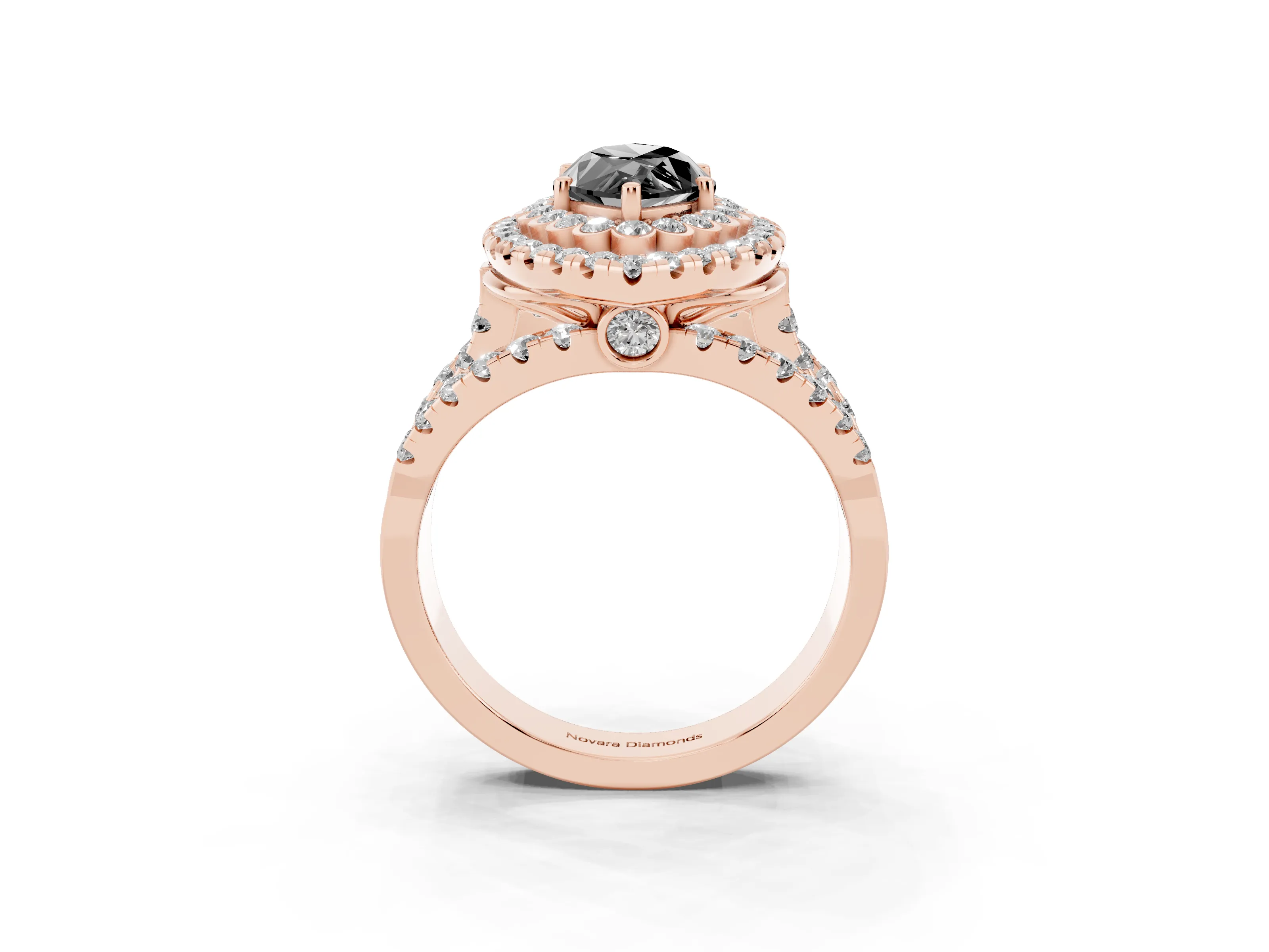 Fancy Black Marquise Cut Diamond Double Halo Ring Set in Rose gold with Round Pavé Split Shank