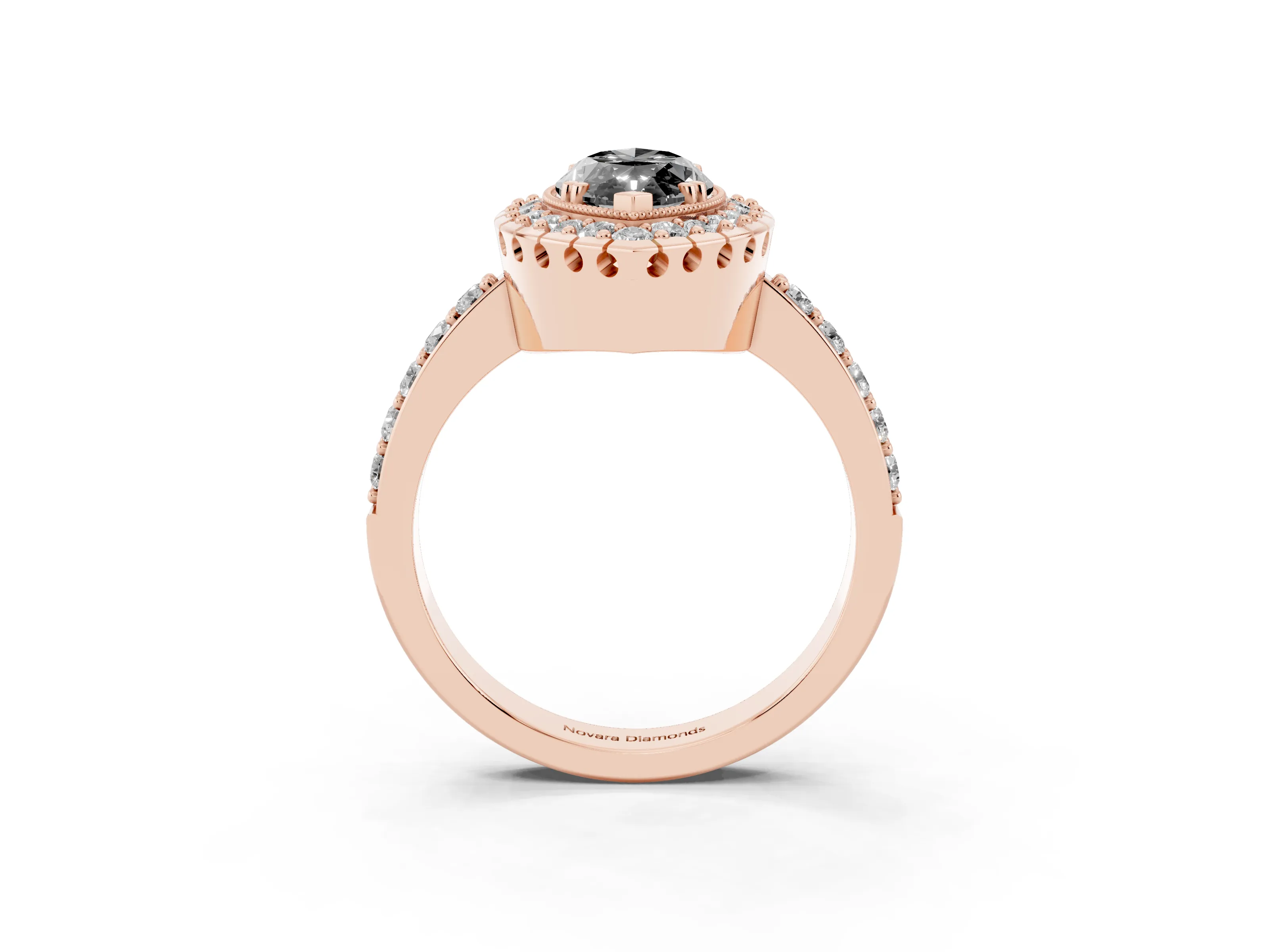Fancy Black Marquise Cut Diamond Halo Ring Set in Rose gold with Pavé Shank and Prong Setting