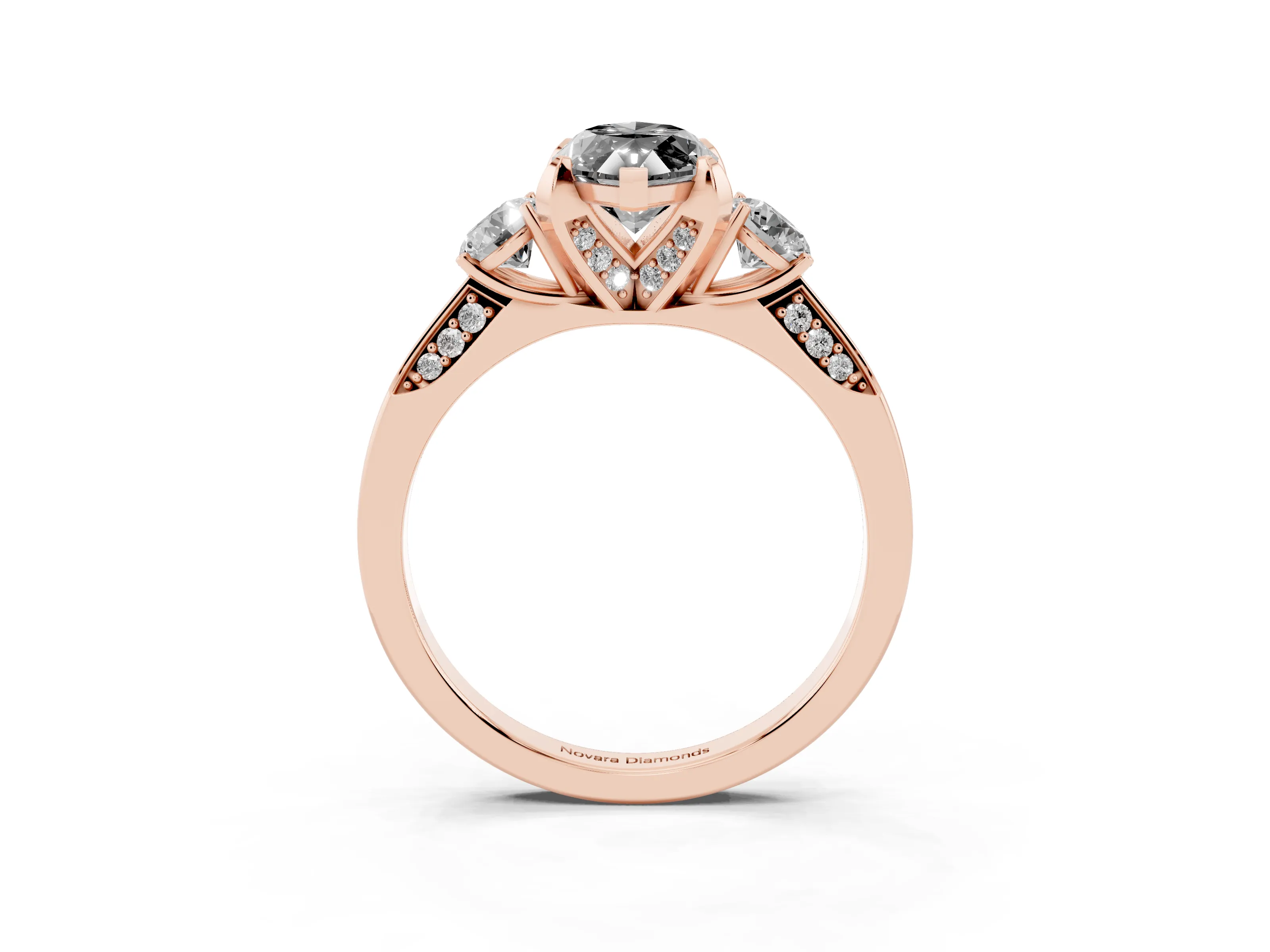 Fancy Black Marquise Cut Diamond Three-Stone Ring Set in Rose gold with Pavé Band and Smaller Side Stones