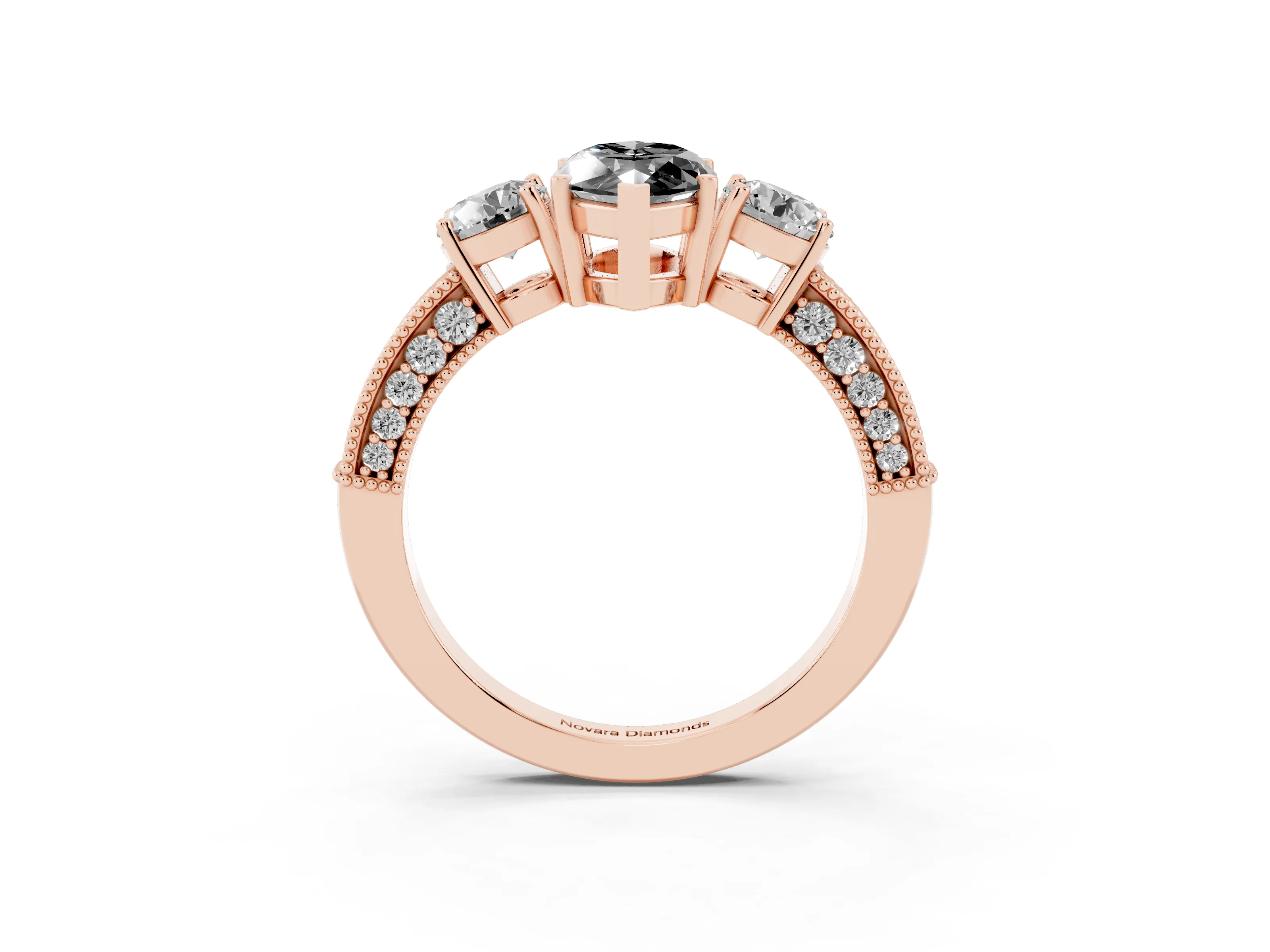 Fancy Black Marquise Cut Diamond Three-Stone Ring Set in Rose gold with Round Side Stones and Pavé Band