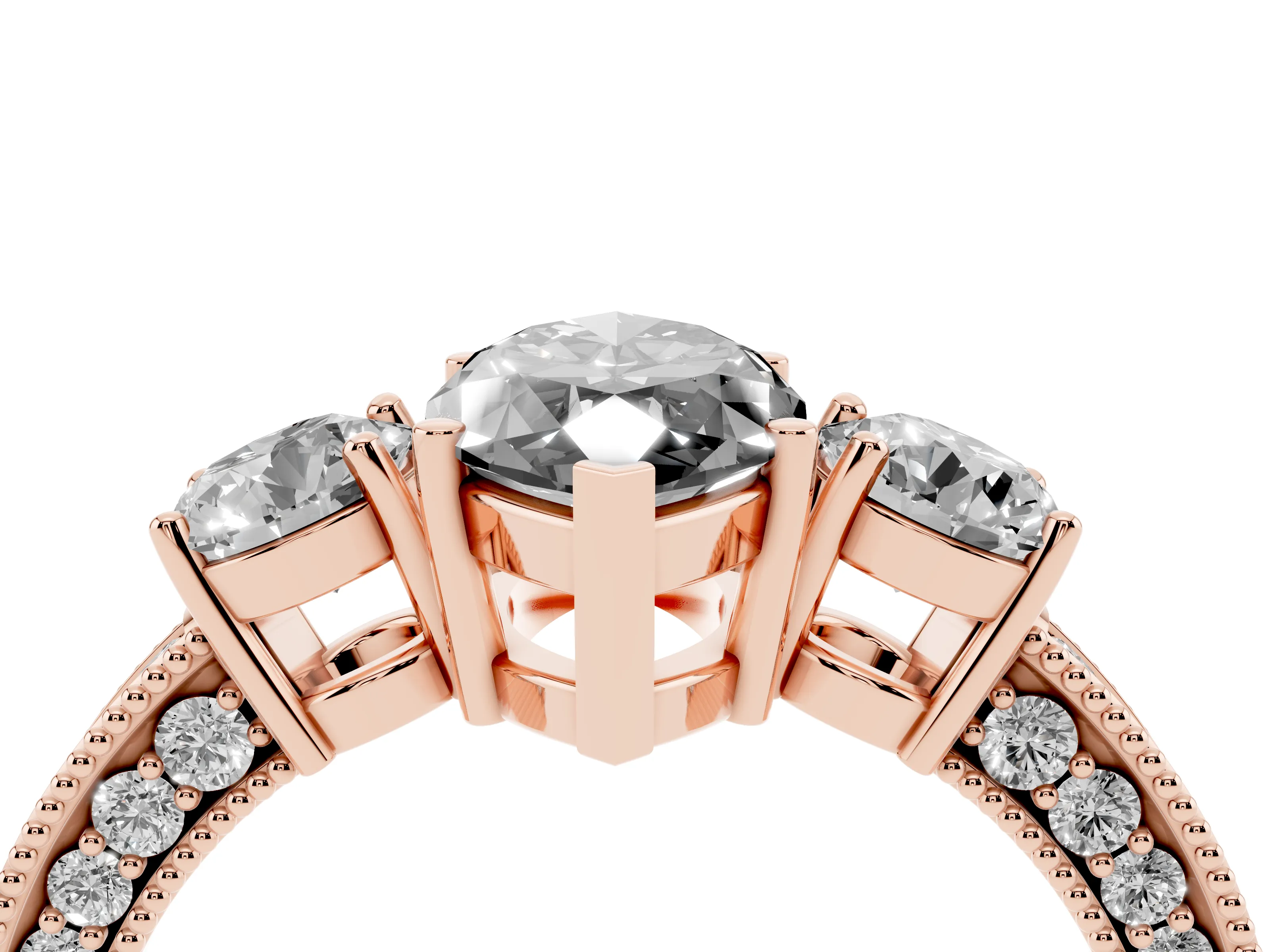 Fancy Black Marquise Cut Diamond Three-Stone Ring Set in Rose gold with Round Side Stones and Pavé Band