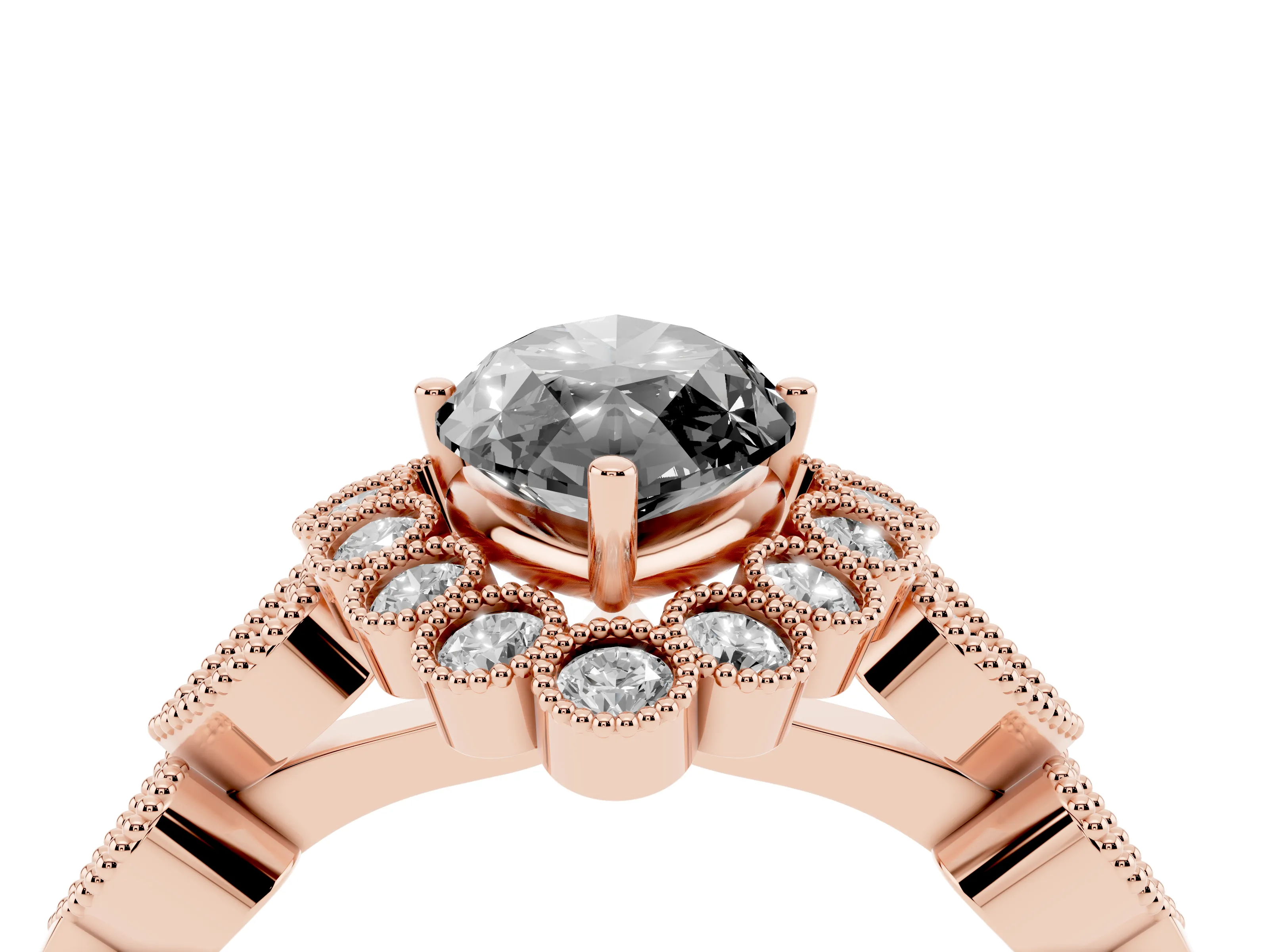 Fancy Black Marquise Cut Diamond Solitaire Ring Set in Rose gold with Milgrain Pavé Heart Band