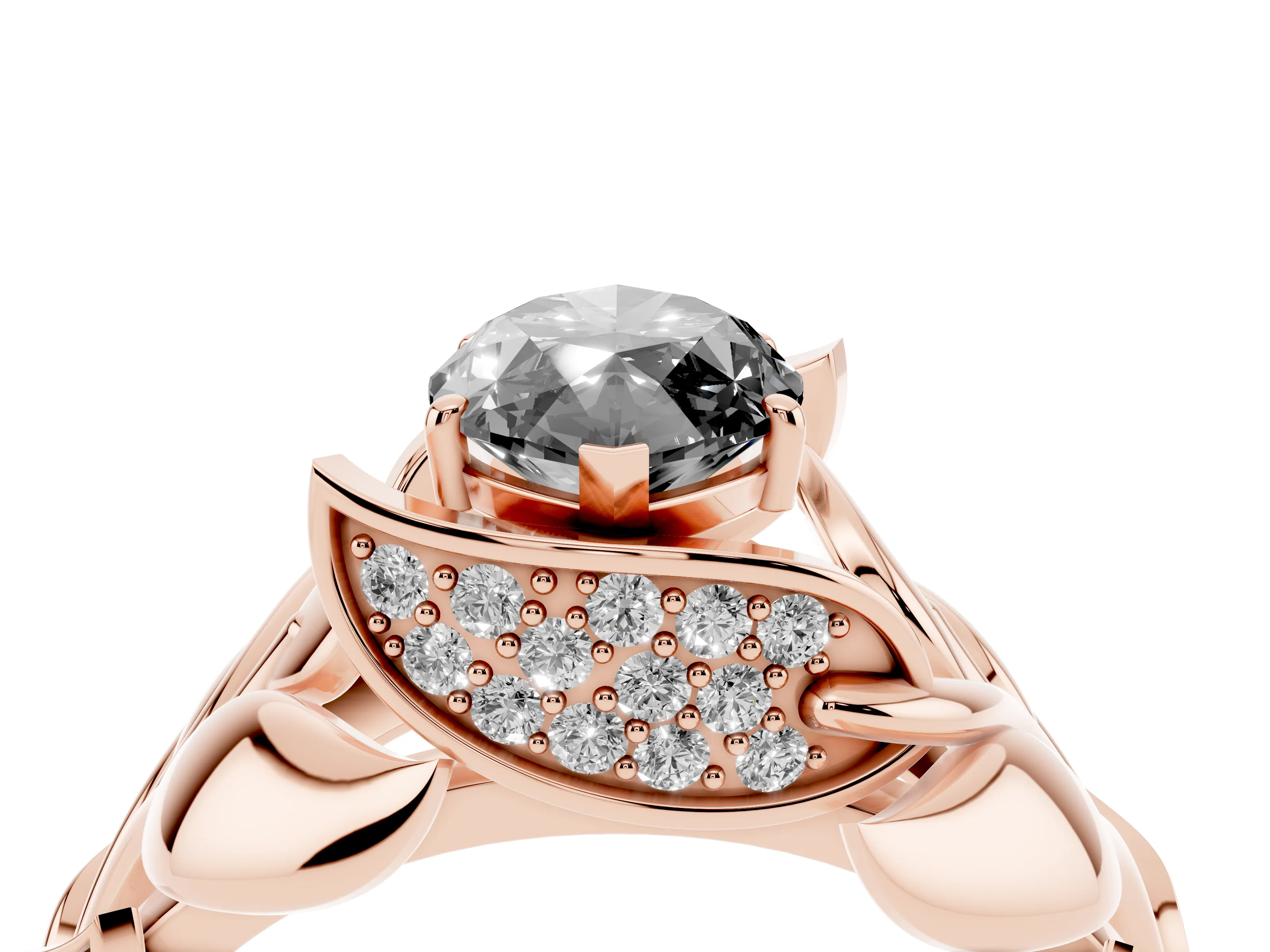 Fancy Black Marquise Cut Diamond Leaf-Inspired Engagement Ring Set in Rose gold with Round Accents