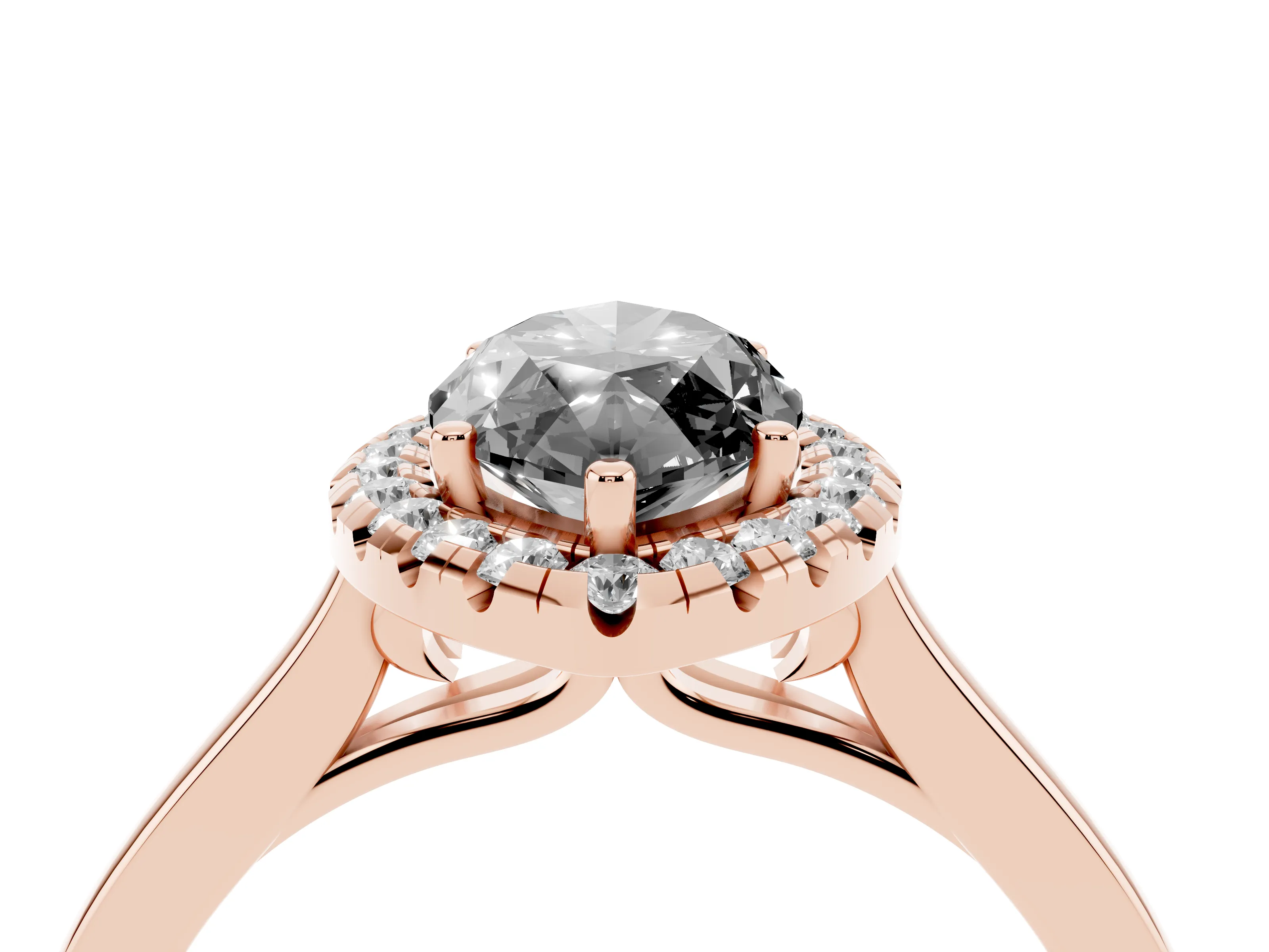 Fancy Black Marquise Cut Halo Round Diamond Solitaire Ring Set in Rose gold with Pavé Band and Prong Setting