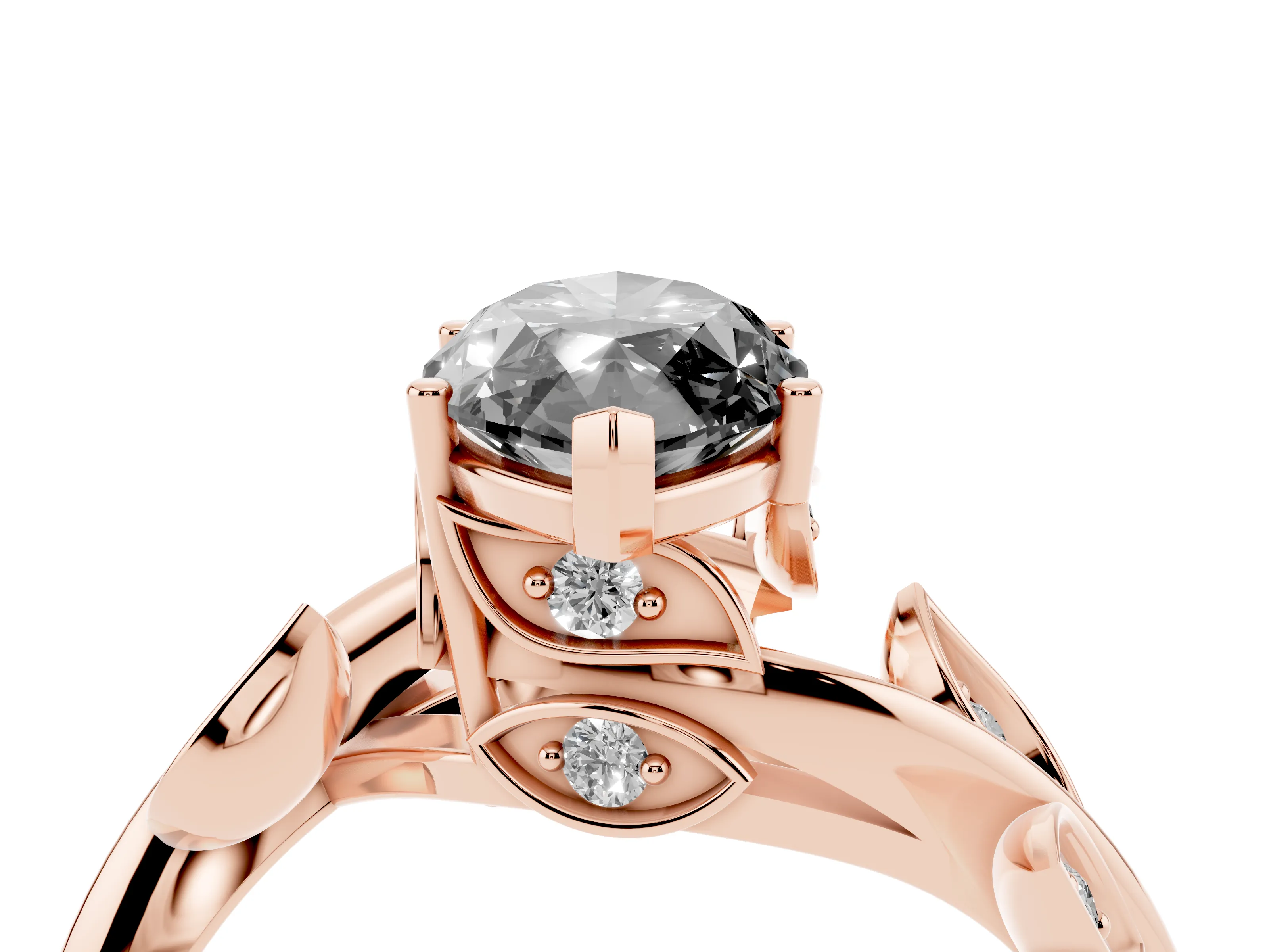 Fancy Black Marquise Cut Diamond Solitaire Twist Engagement Ring Set in Rose gold with Pavé Leaf Accents