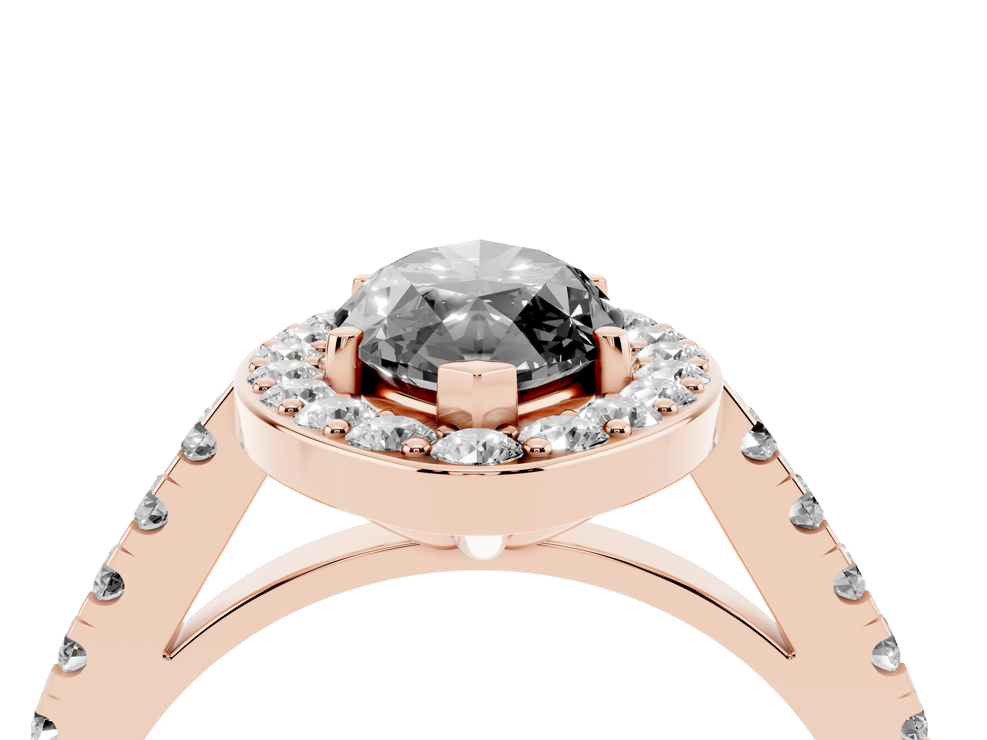 Fancy Black Marquise Cut Diamond Halo Ring Set in Rose gold with Round Pavé Split Shank and Prong Setting
