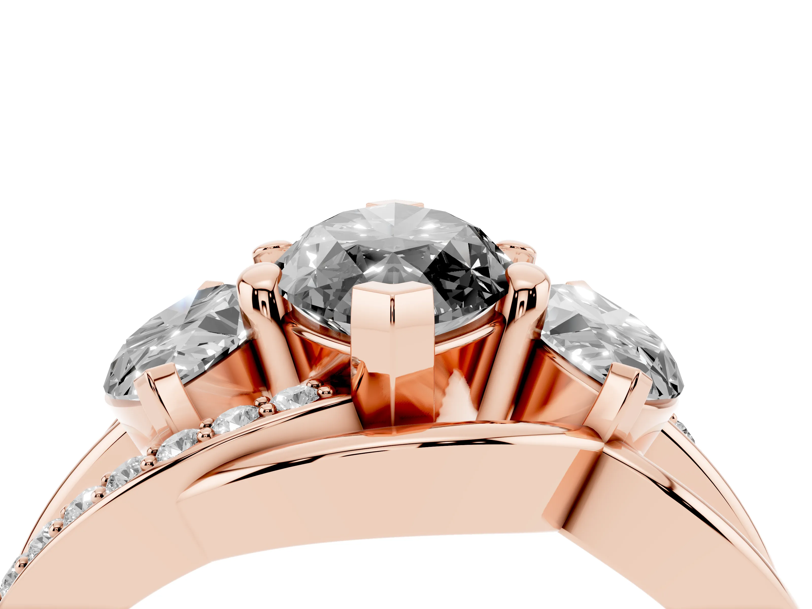 Fancy Black Marquise Cut Diamond Three-Stone Ring Set in Rose gold with Split Shank and Prong Setting
