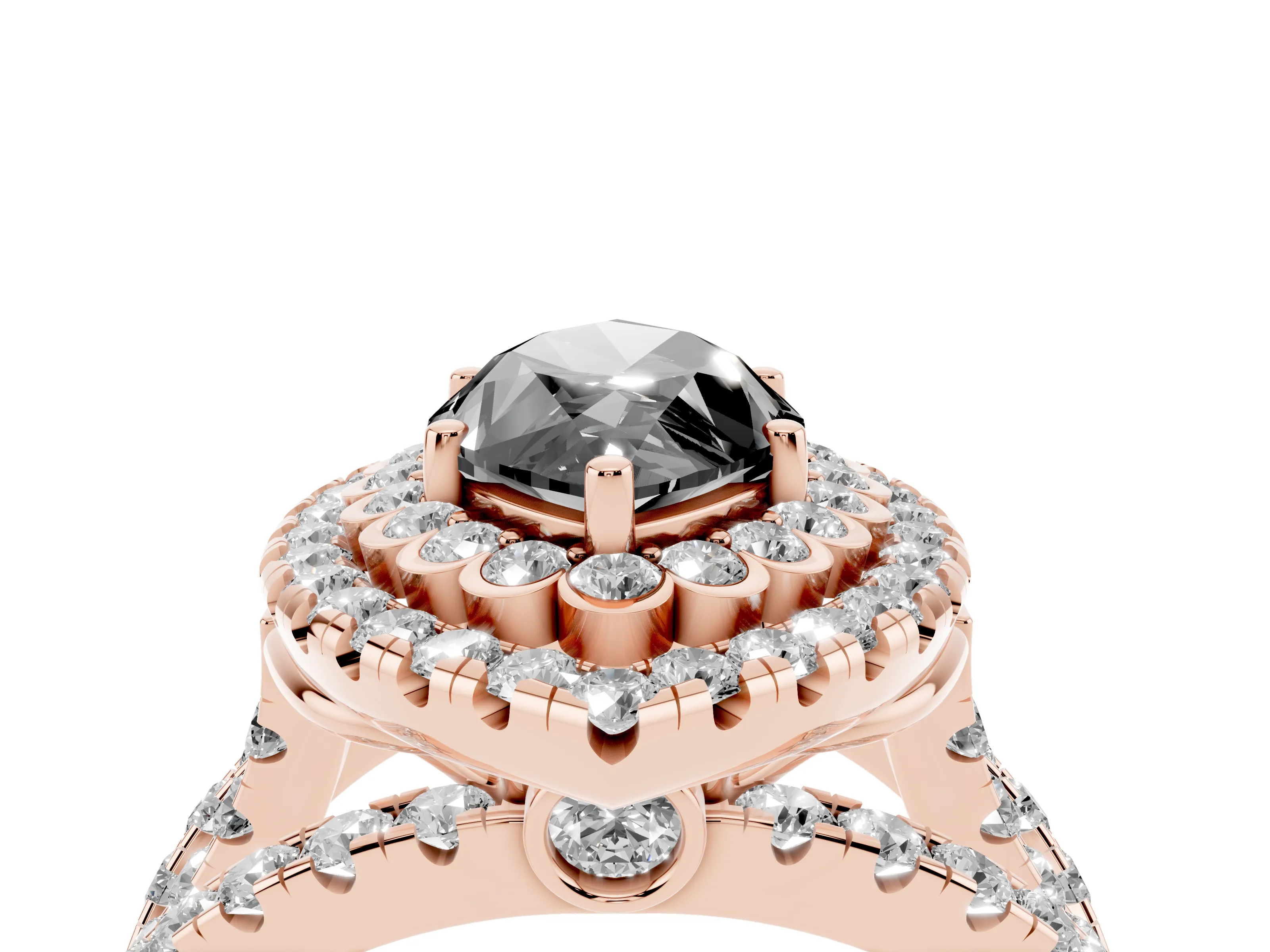 Fancy Black Marquise Cut Diamond Double Halo Ring Set in Rose gold with Round Pavé Split Shank