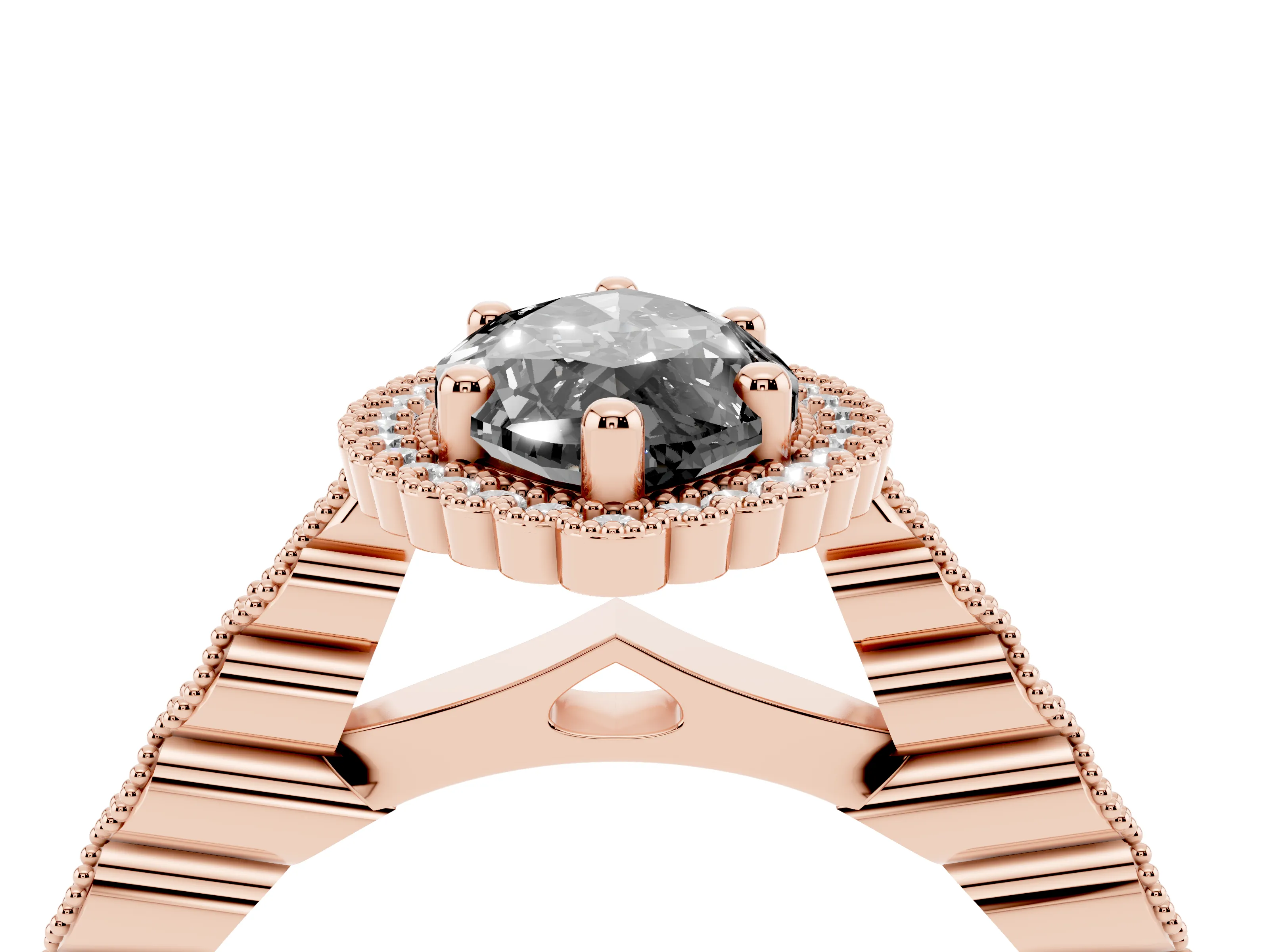 Fancy Black Marquise Cut Diamond Halo Ring Set in Rose gold with Pavé Milgrain Band